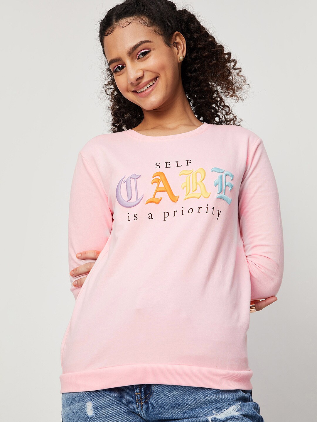 

max Women Pink Printed Pure Cotton Sweatshirt