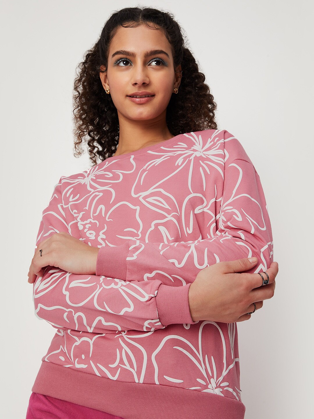 

max Women Pink Printed Pullover Oversized Sweatshirt