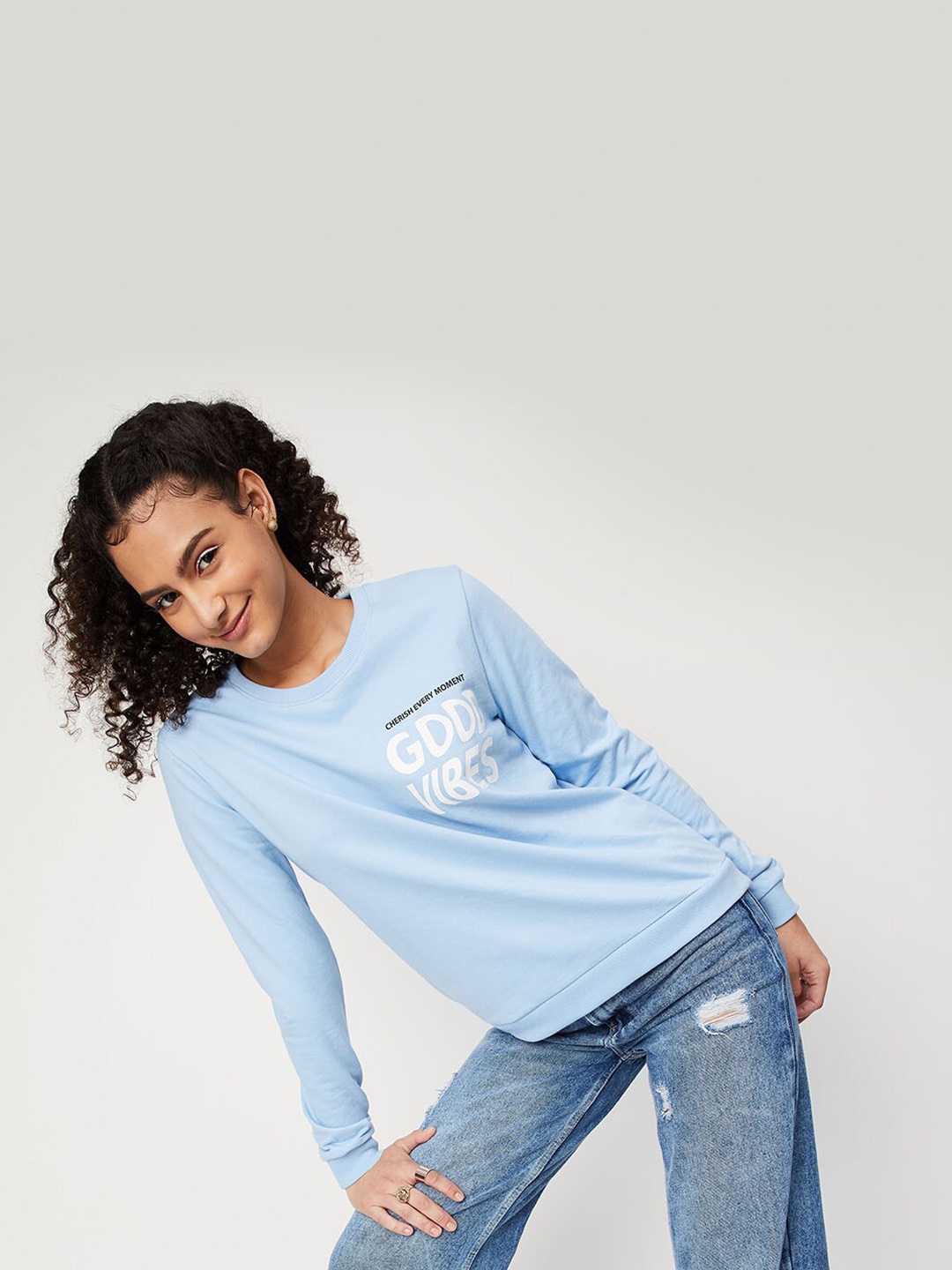

max Women Blue Printed Pure Cotton Pullover Sweatshirt