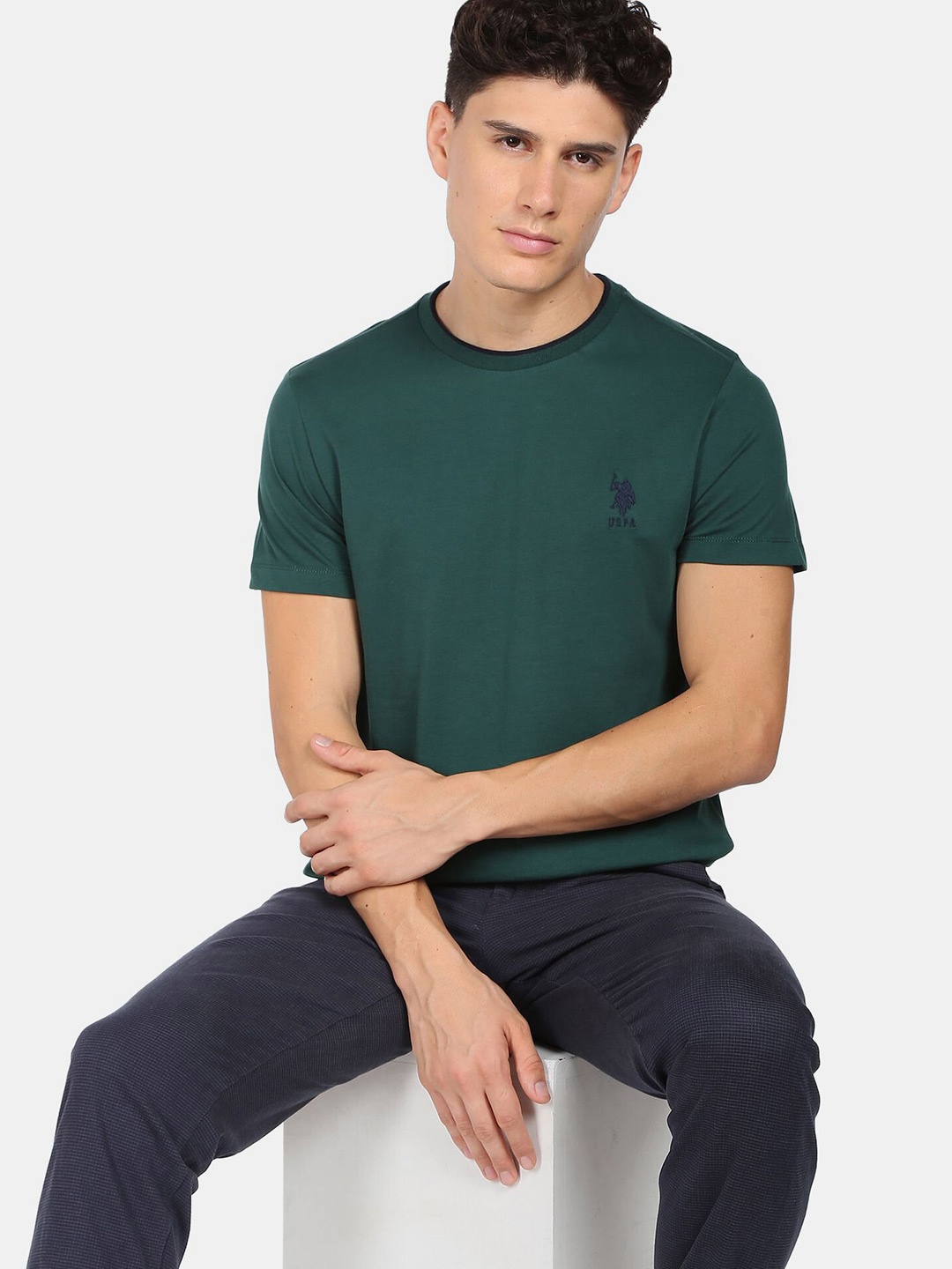 

U.S. Polo Assn. Men Green Stretchy Tipped Cotton T-Shirt