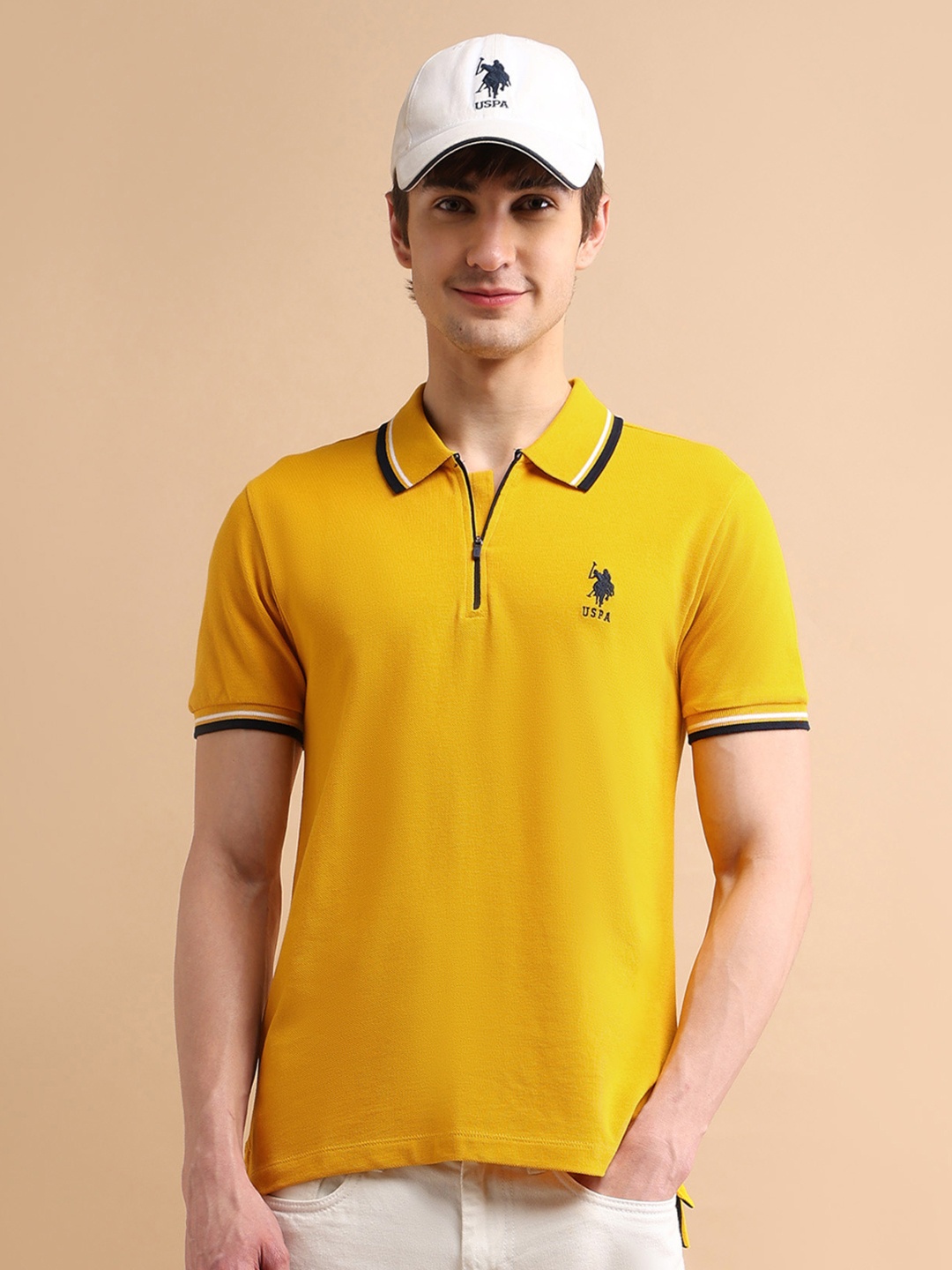 

U.S. Polo Assn. Men Yellow Zipper Polo Collar Cotton T-shirt