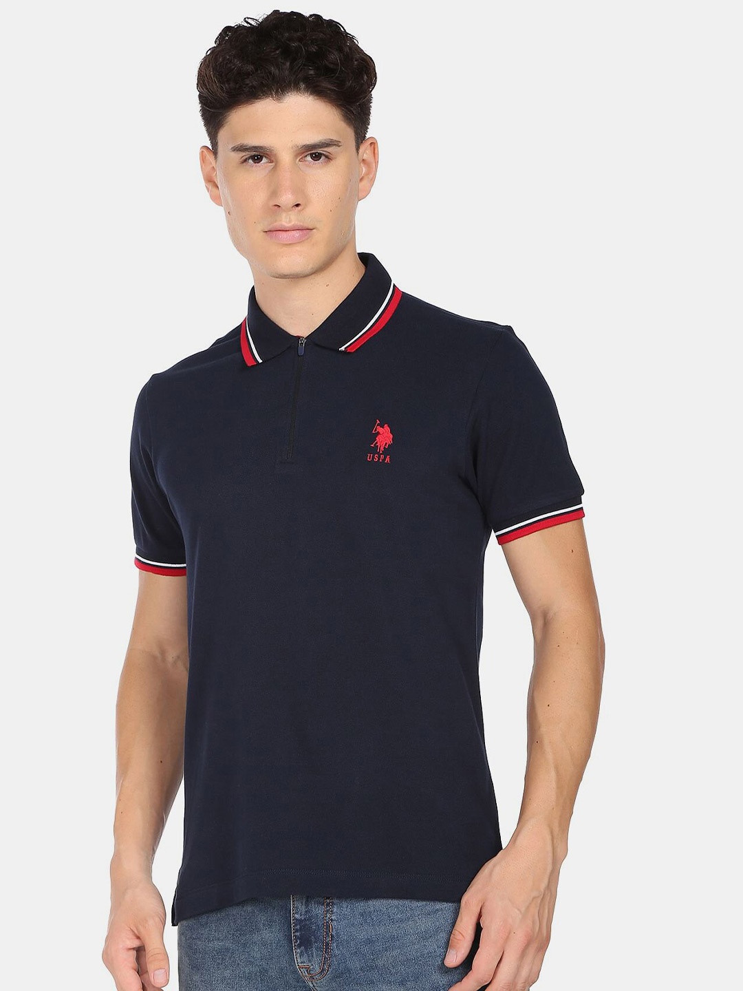 

U.S. Polo Assn. Men Navy Blue Zipper Polo Collar Cotton T-shirt