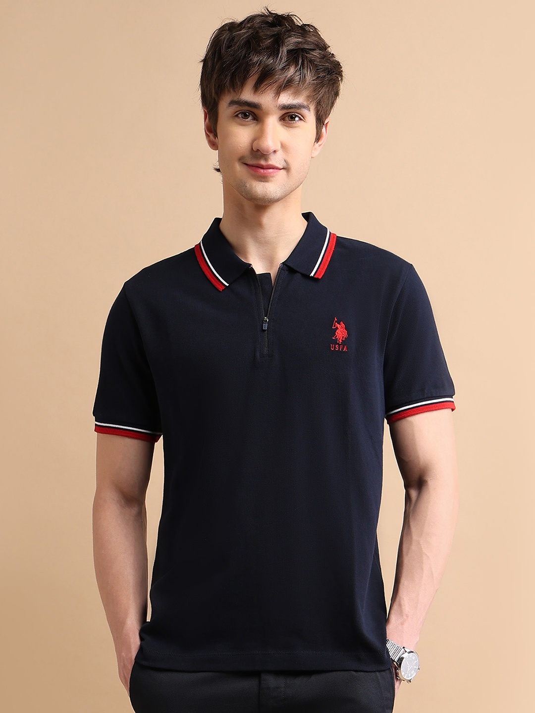 

U.S. Polo Assn. Men Navy Blue Zipper Polo Collar Cotton T-shirt