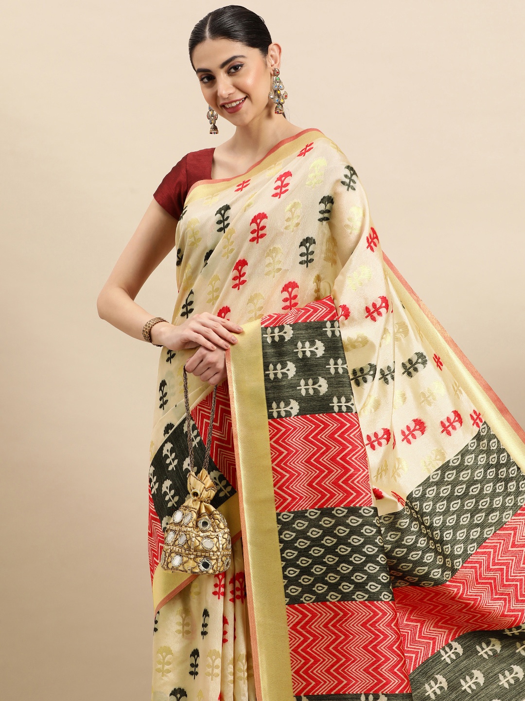 

SANGAM PRINTS Ethnic Motifs Pure Silk Jacquard Banarasi Saree, Beige