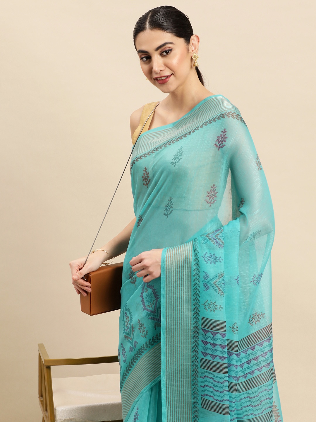 

SANGAM PRINTS Ethnic Motifs Saree, Turquoise blue