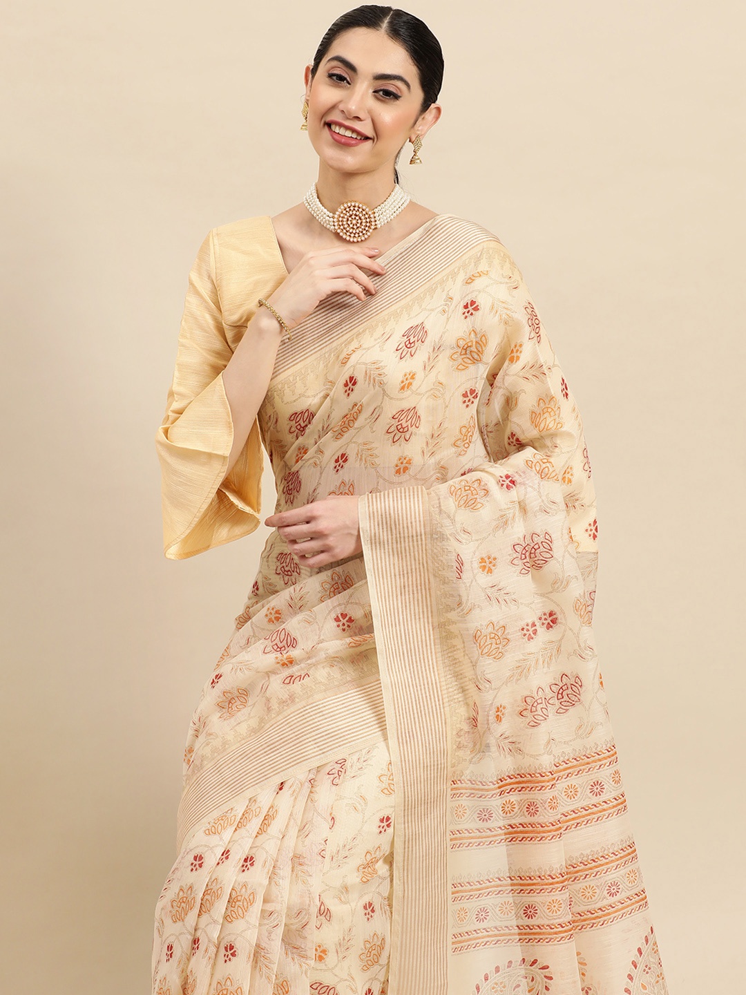 

SANGAM PRINTS Floral Zari Saree, Beige
