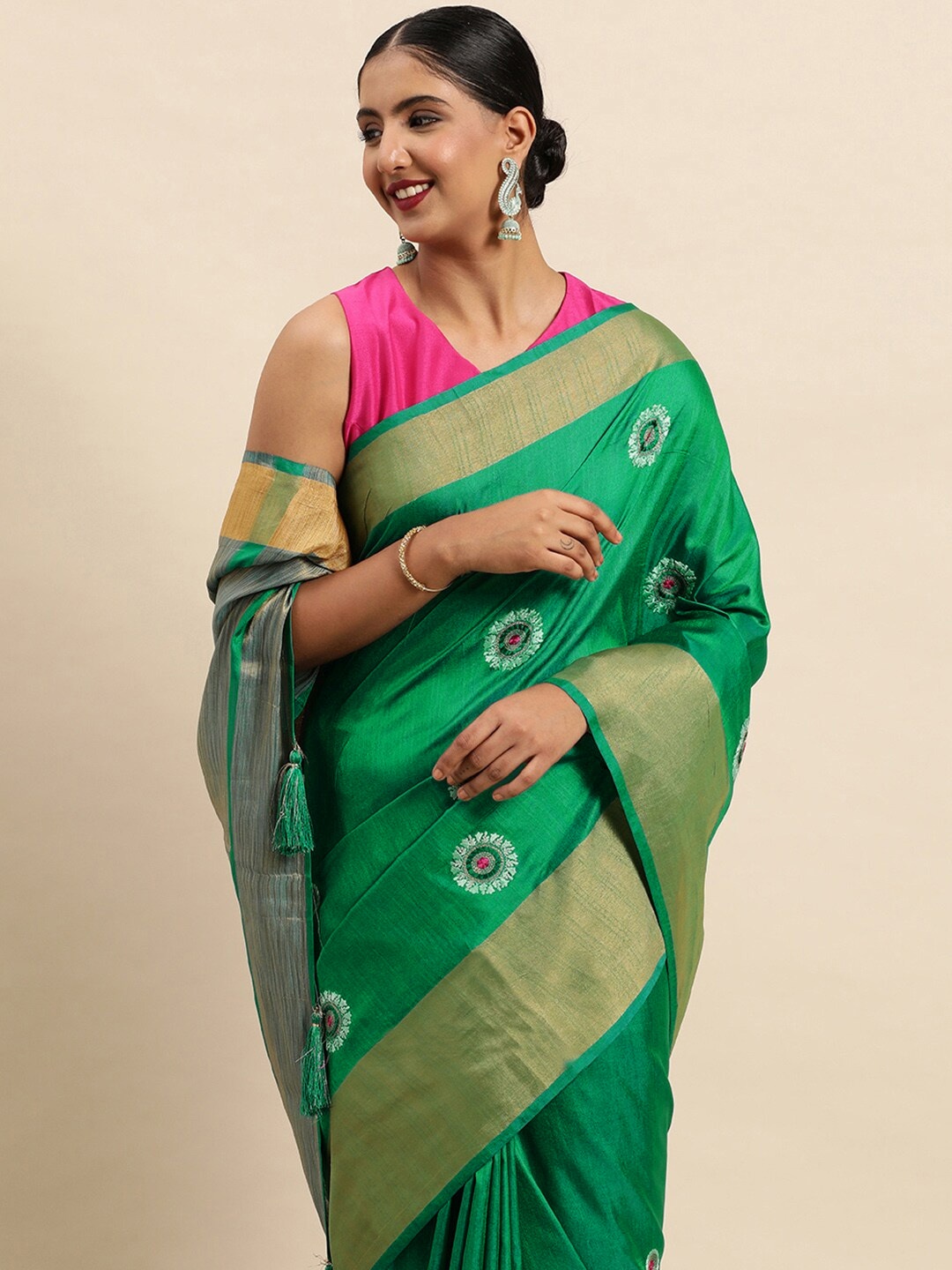 

SANGAM PRINTS Ethnic Motifs Embroidered Pure Silk Saree, Green