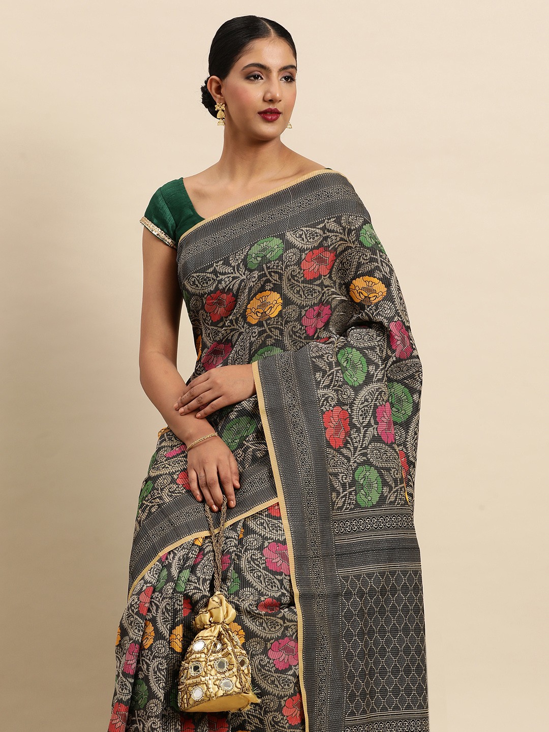 

SANGAM PRINTS Ethnic Motifs Woven Design Silk Blend Saree, Grey