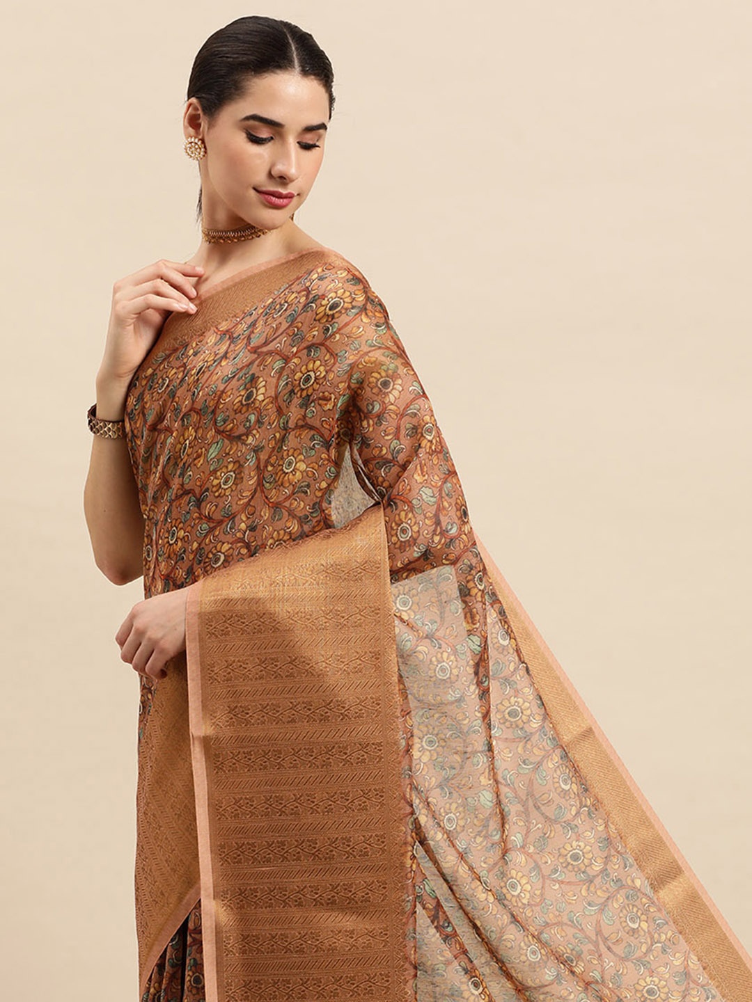 

SANGAM PRINTS Floral Zari Linen Blend Saree, Peach