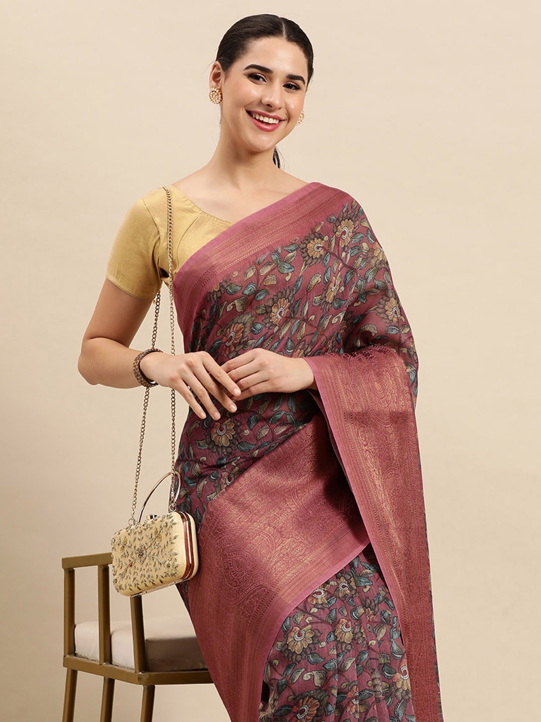 

SANGAM PRINTS Floral Zari Linen Blend Saree, Pink