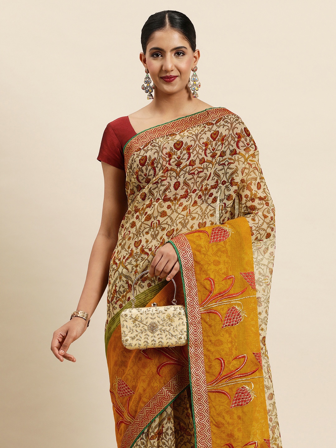 

SANGAM PRINTS Floral Silk Blend Kota Saree, Yellow