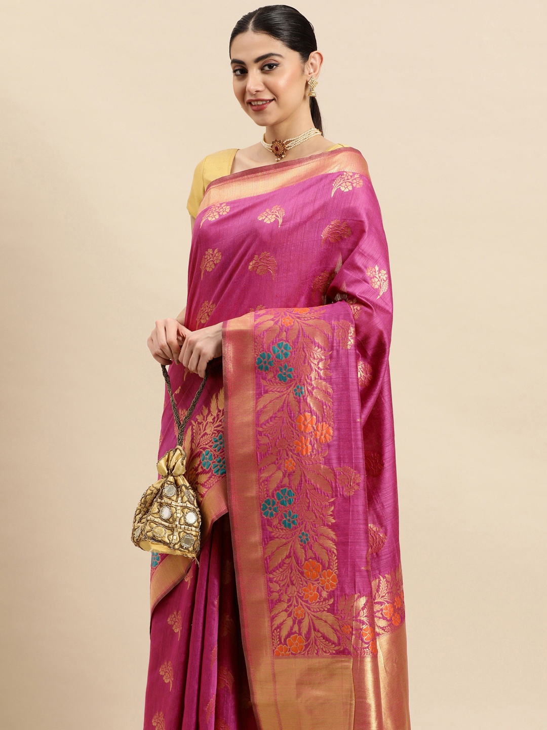 

SANGAM PRINTS Floral Zari Pure Silk Banarasi Jacquard Saree, Pink