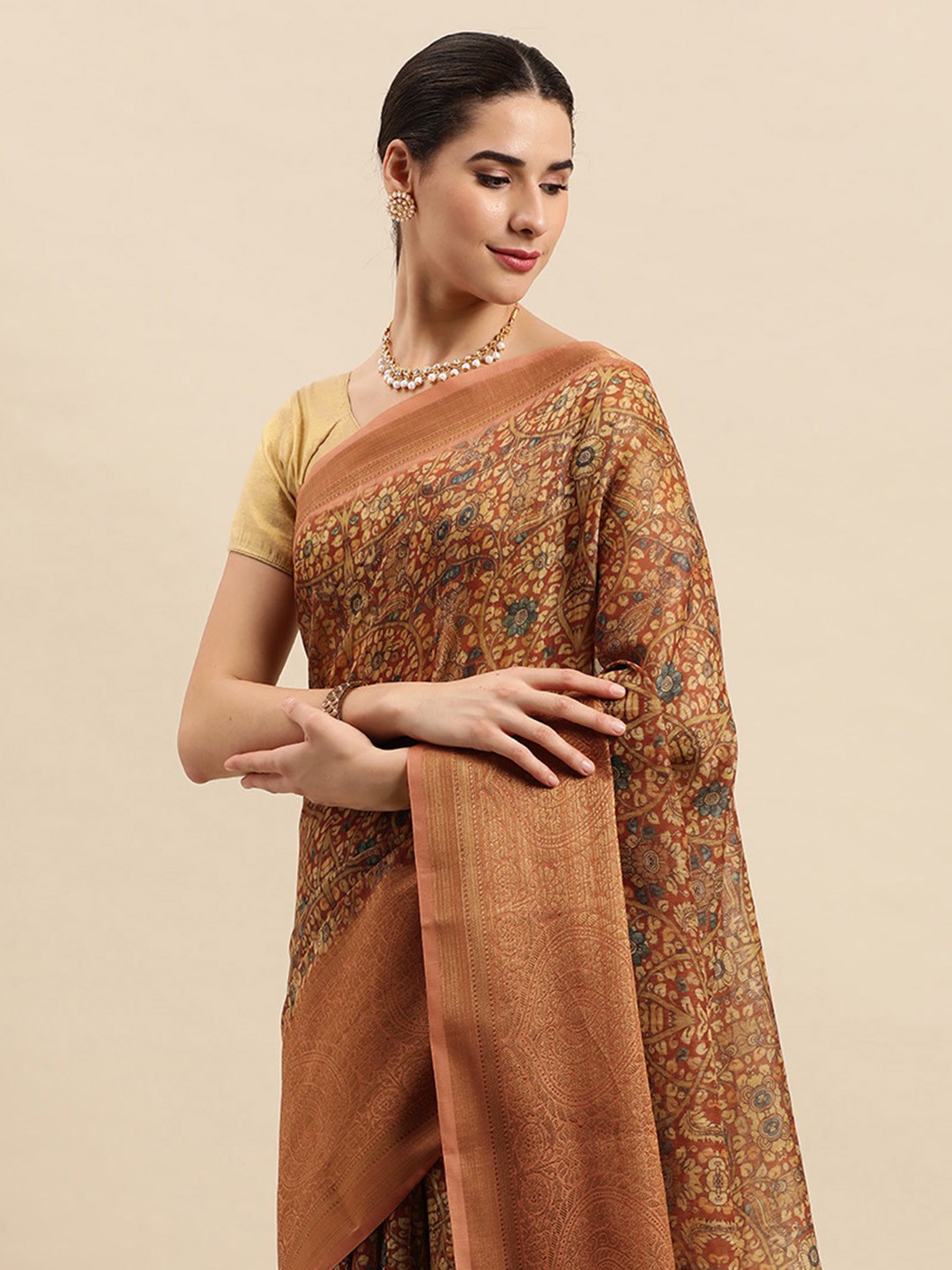 

SANGAM PRINTS Floral Linen Blend Saree, Brown