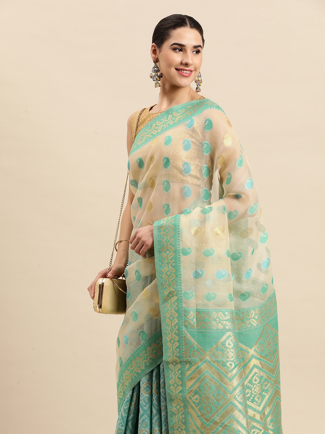 

SANGAM PRINTS Paisley Zari Banarasi Pure Silk Jacquard Saree, Sea green