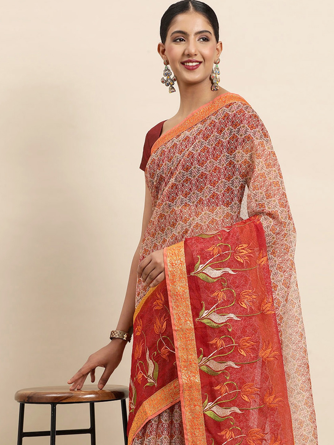 

SANGAM PRINTS Floral Embroidered Silk Blend Kota Saree, Multi