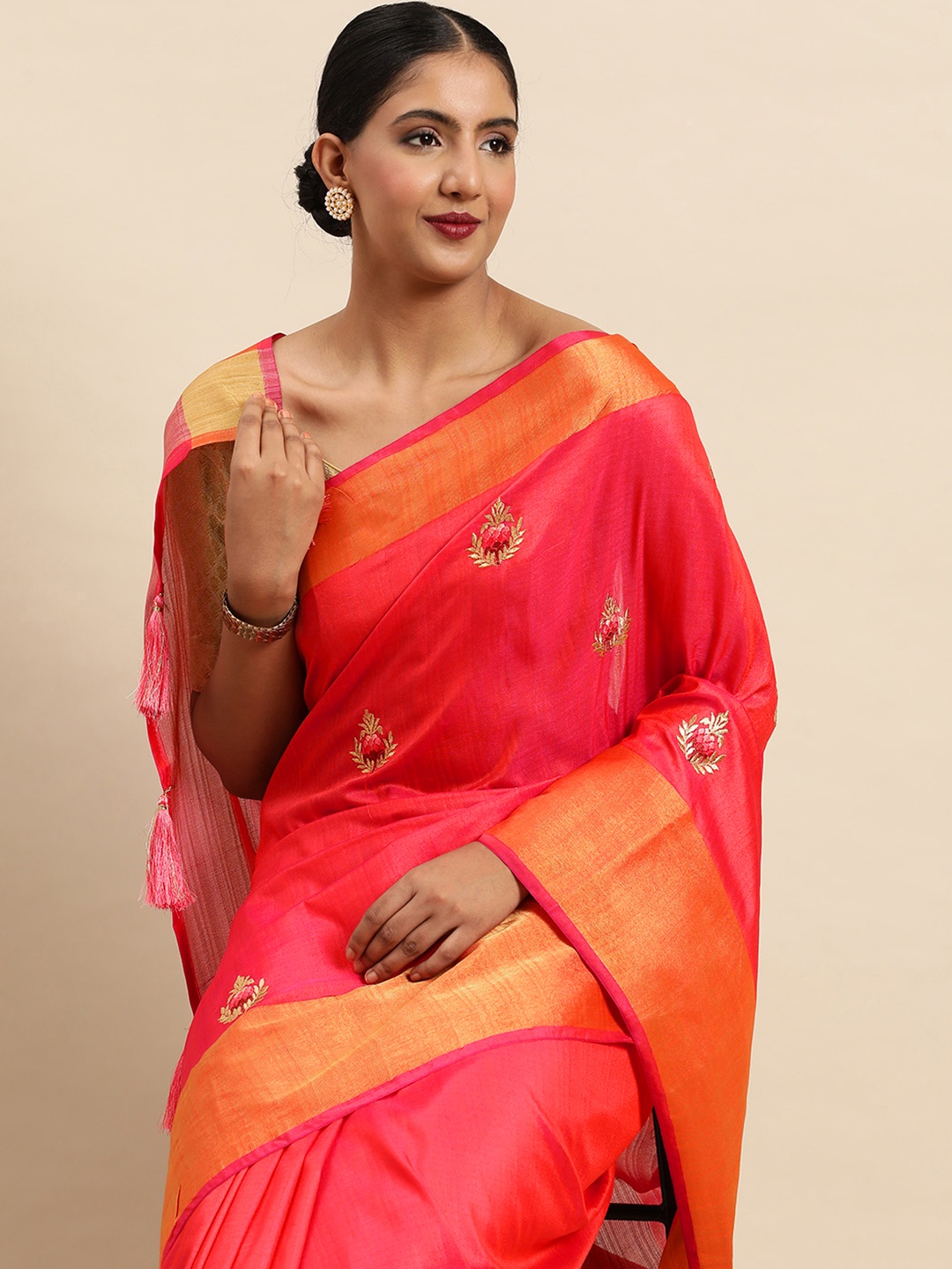 

SANGAM PRINTS Ethnic Motifs Zari Pure Silk Saree, Pink