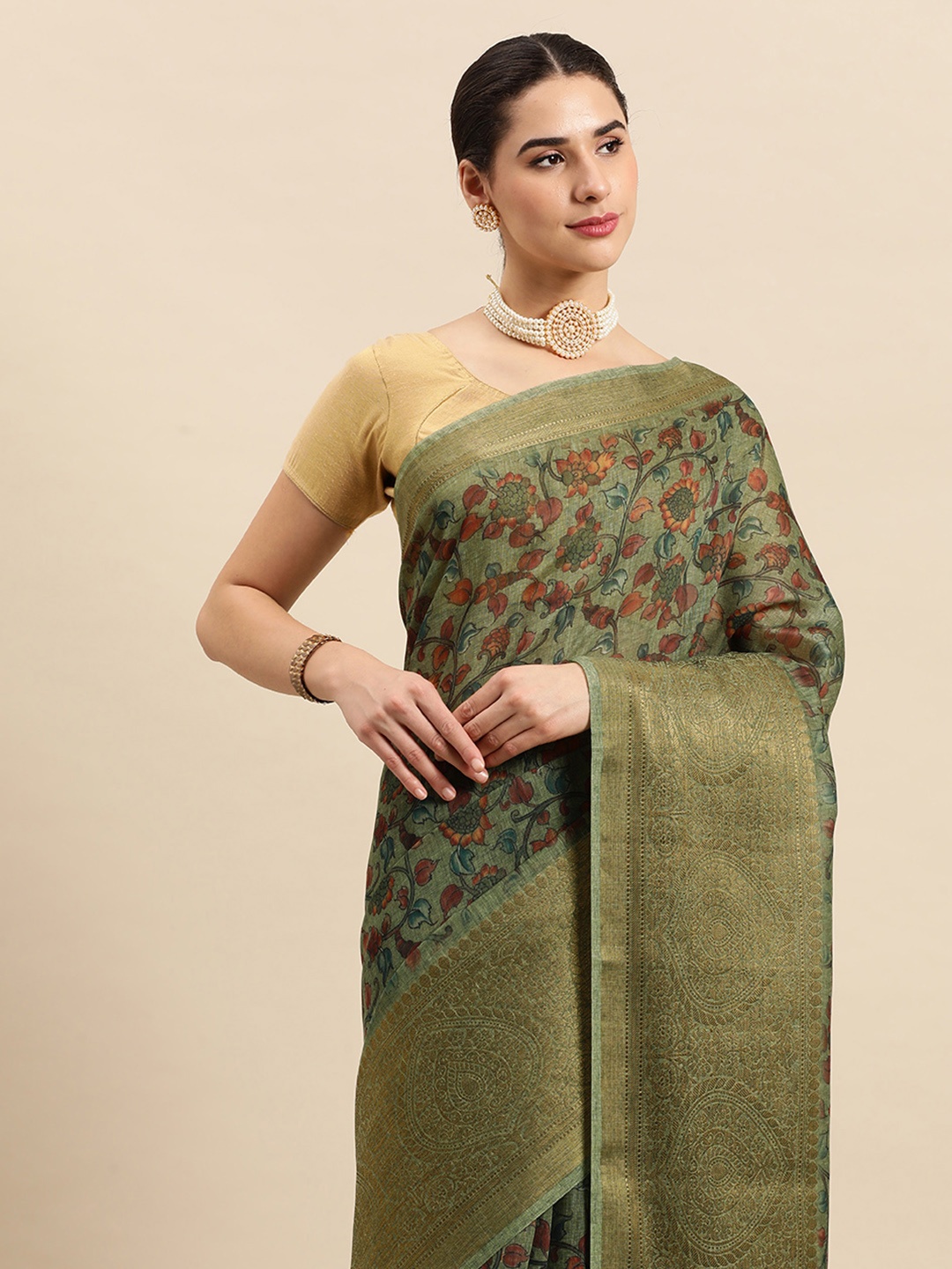 

SANGAM PRINTS Floral Zari Linen Blend Saree, Olive