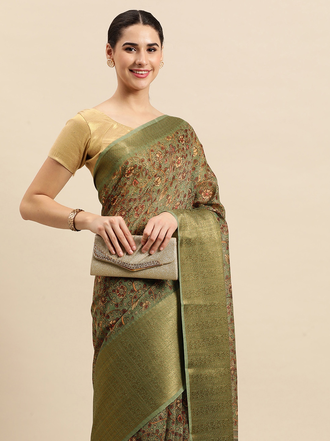 

SANGAM PRINTS Floral Zari Linen Blend Saree, Green