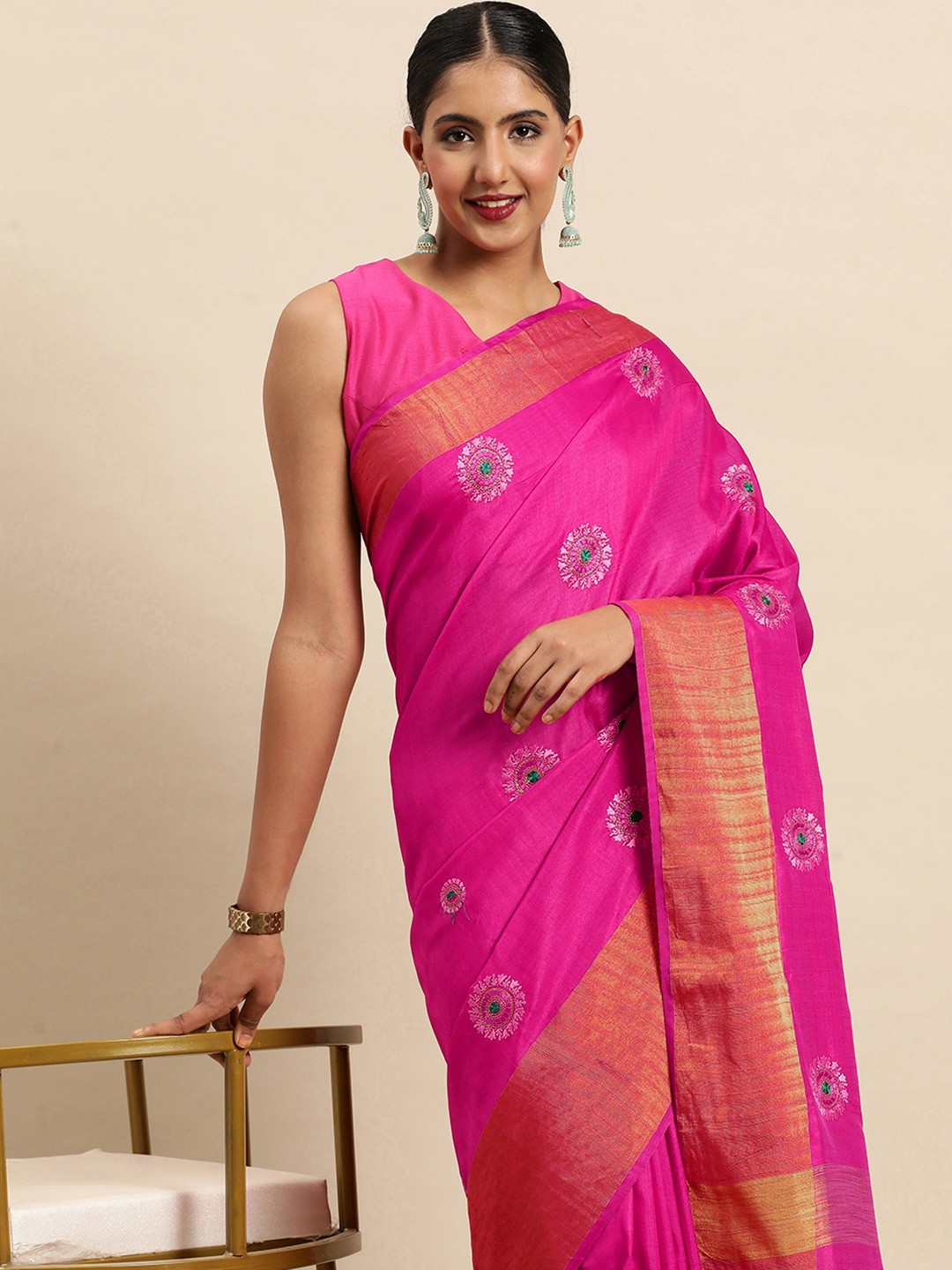 

SANGAM PRINTS Ethnic Motifs Pure Silk Saree, Pink