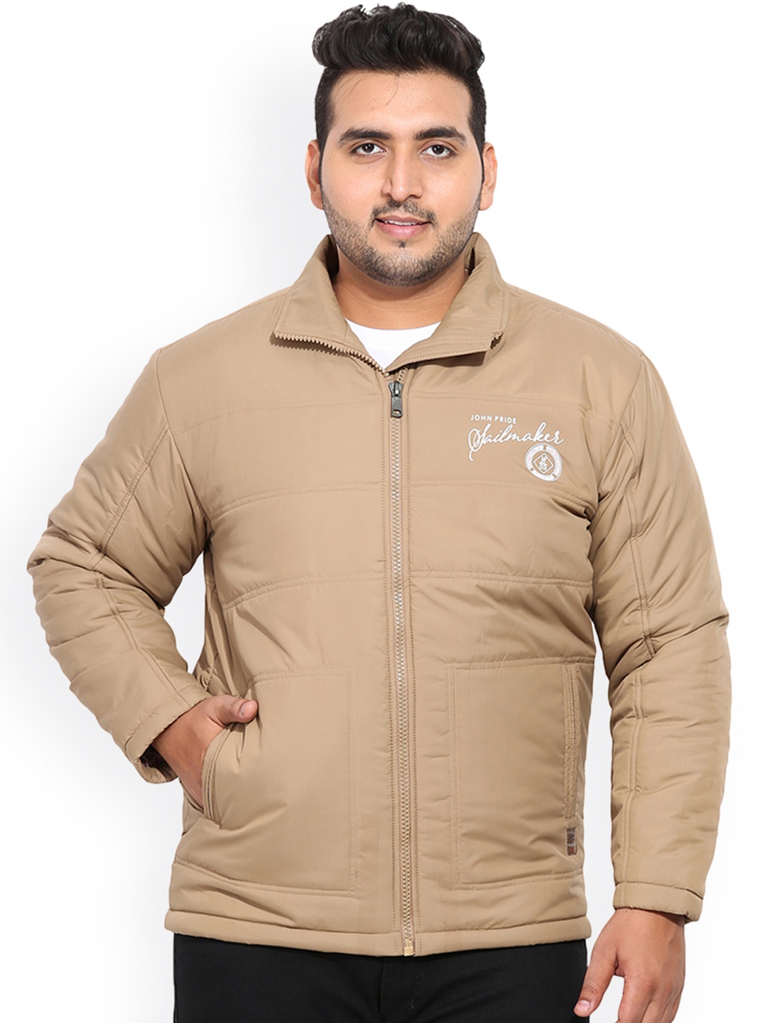

John Pride Plus Size Men Beige Solid Puffer Jacket
