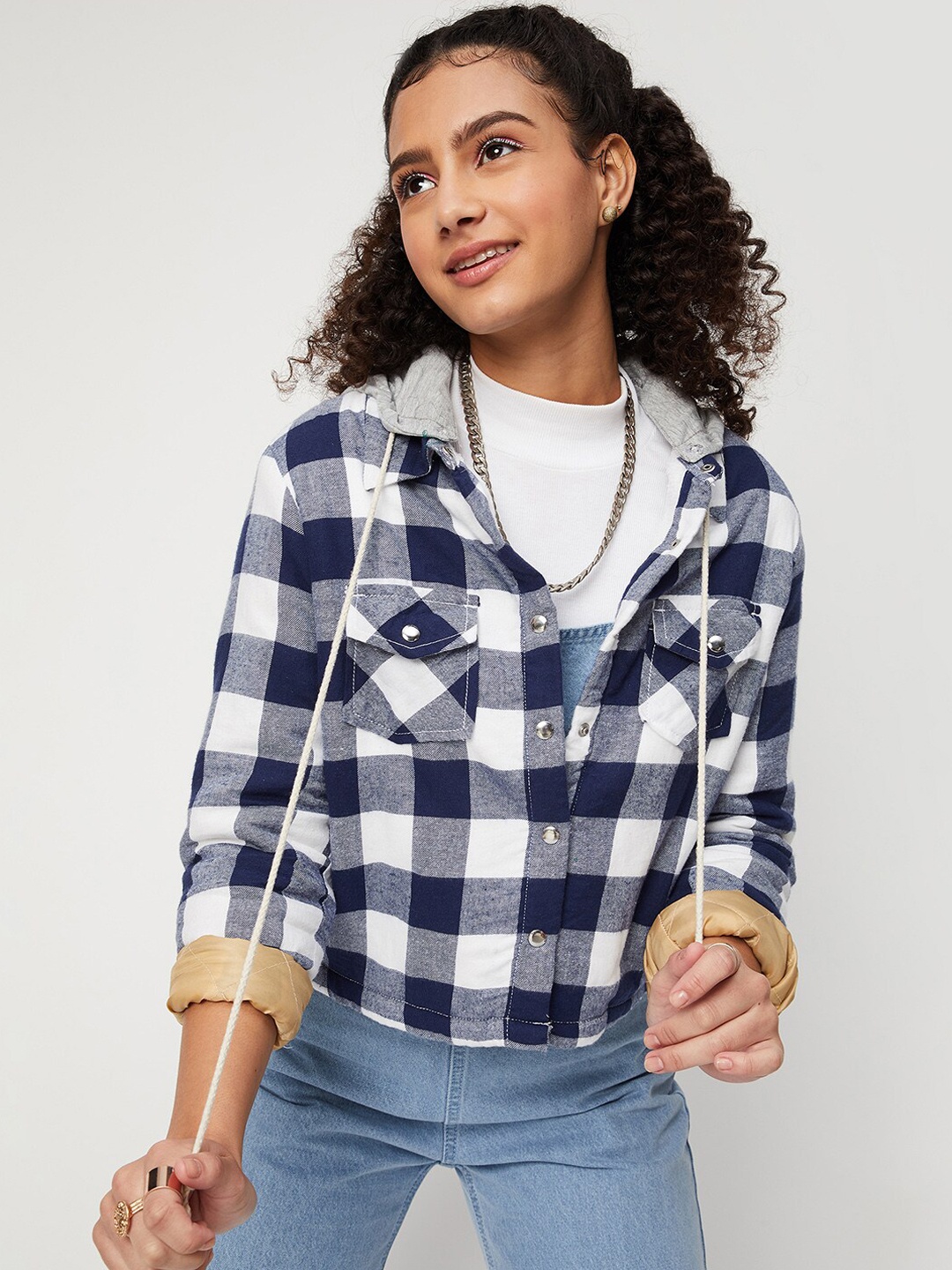 

max Women Blue & White Checked Hooded Pure Cotton Tailored Jacket