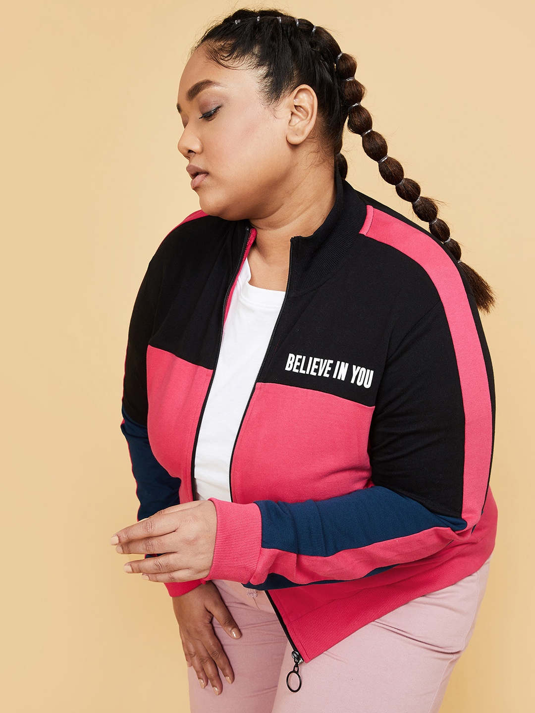 

max Women Fuchsia & Black Colourblocked Pure Cotton Sporty Jacket