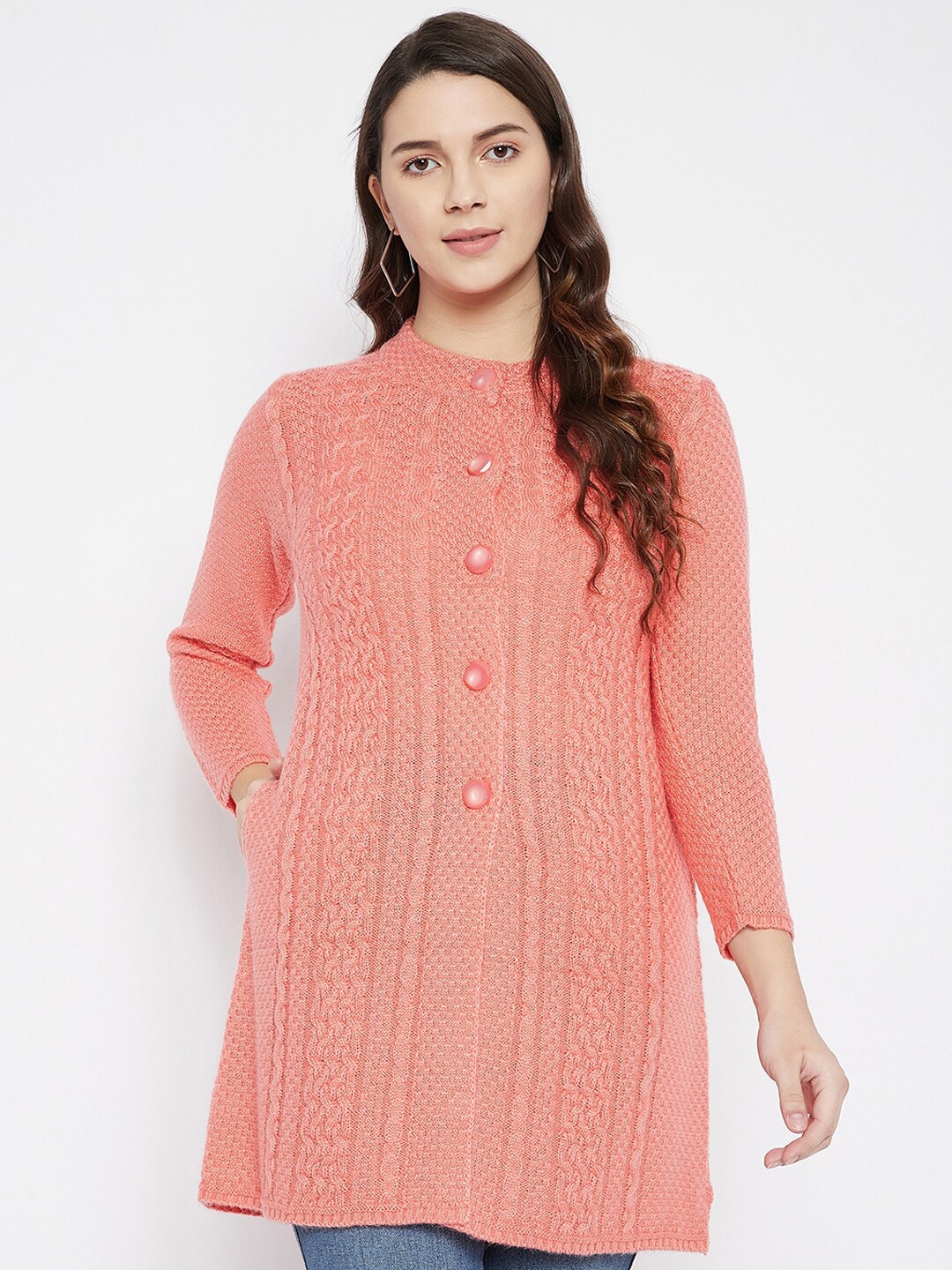 

Zigo Women Peach Coloured Cable Knit Wool Longline Cardigan