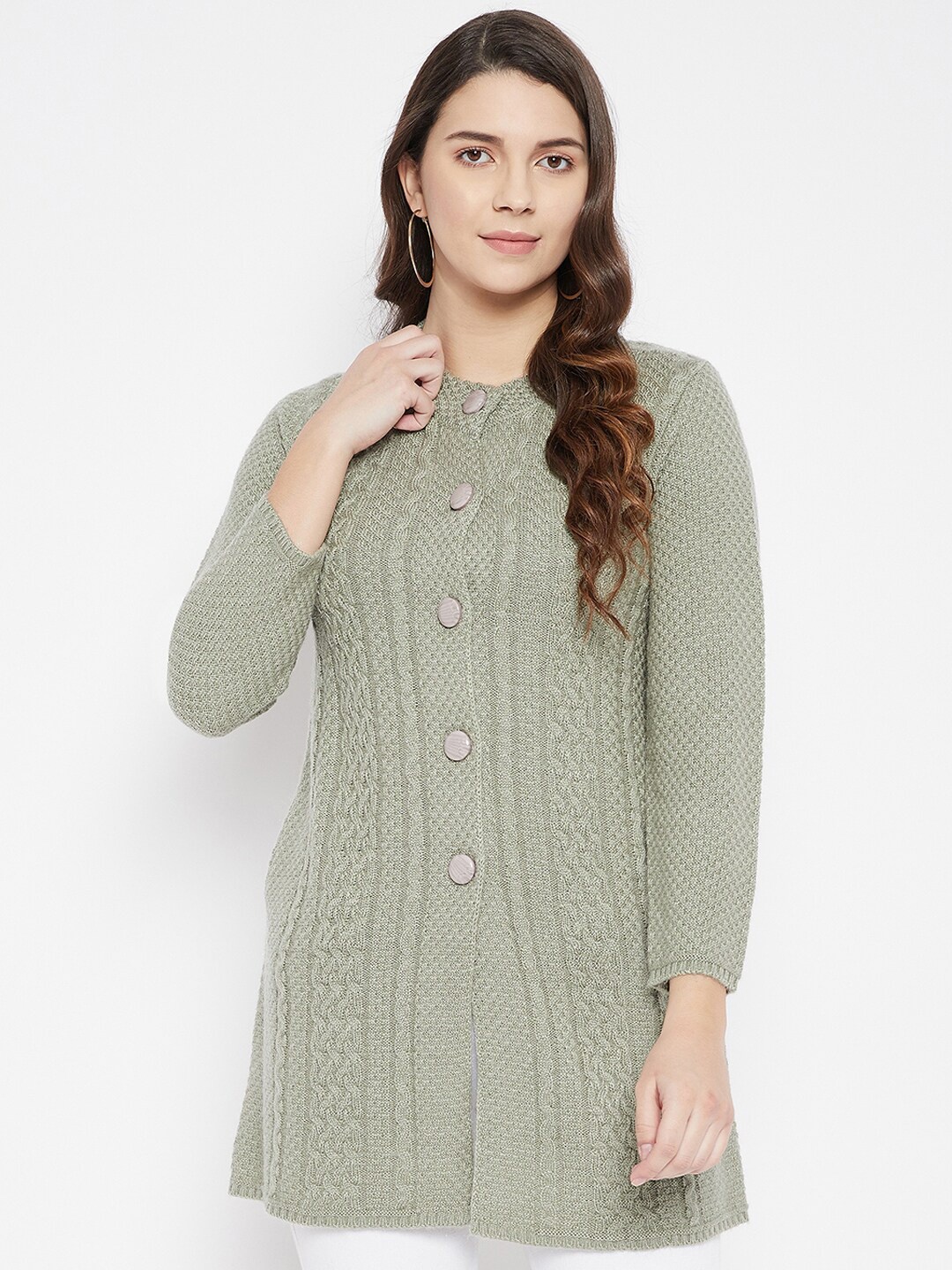 

Zigo Women Green Cable Knit Wool Longline Cardigan
