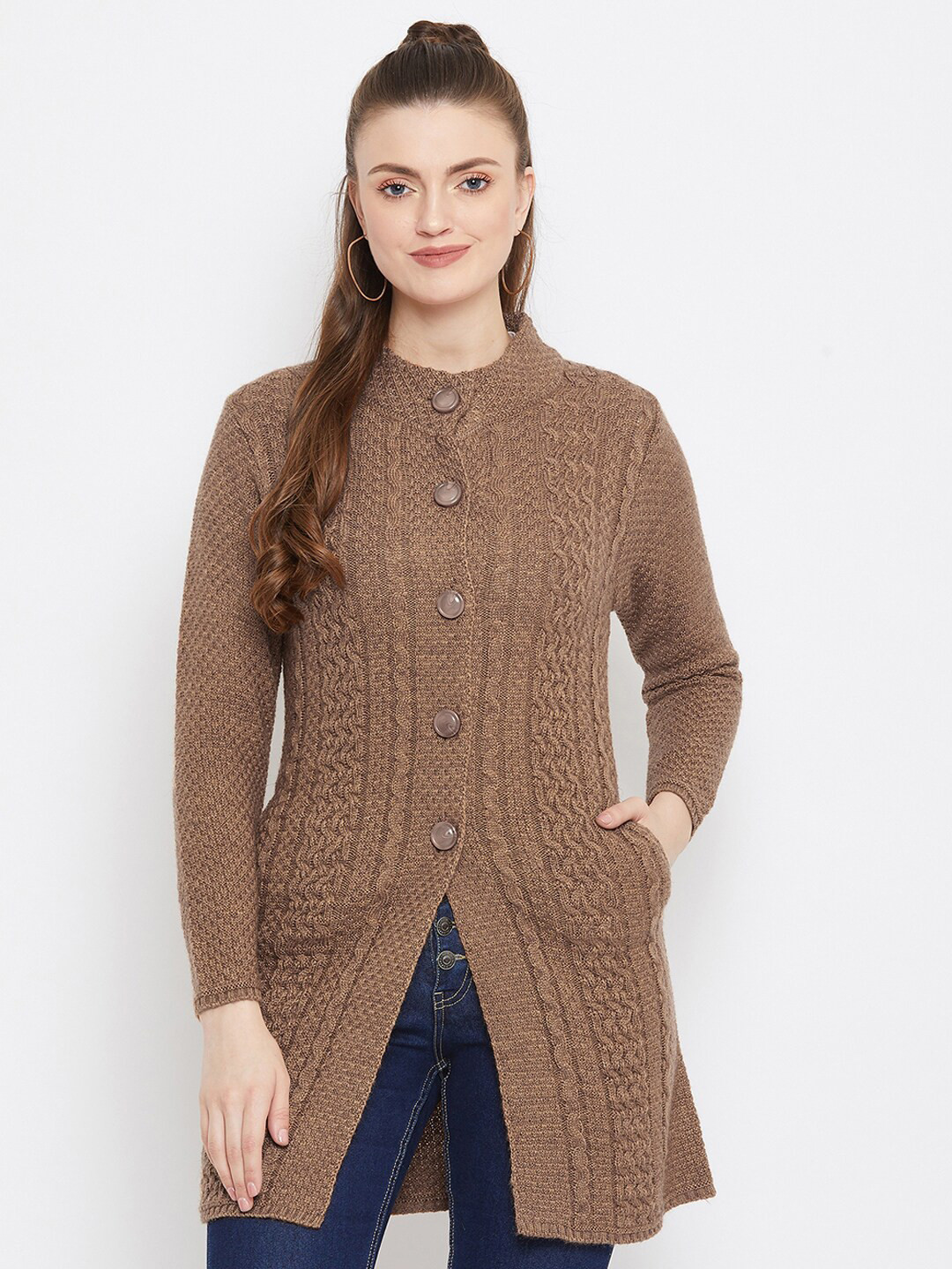 

Zigo Women Brown Cable Knit Wool Longline Cardigan