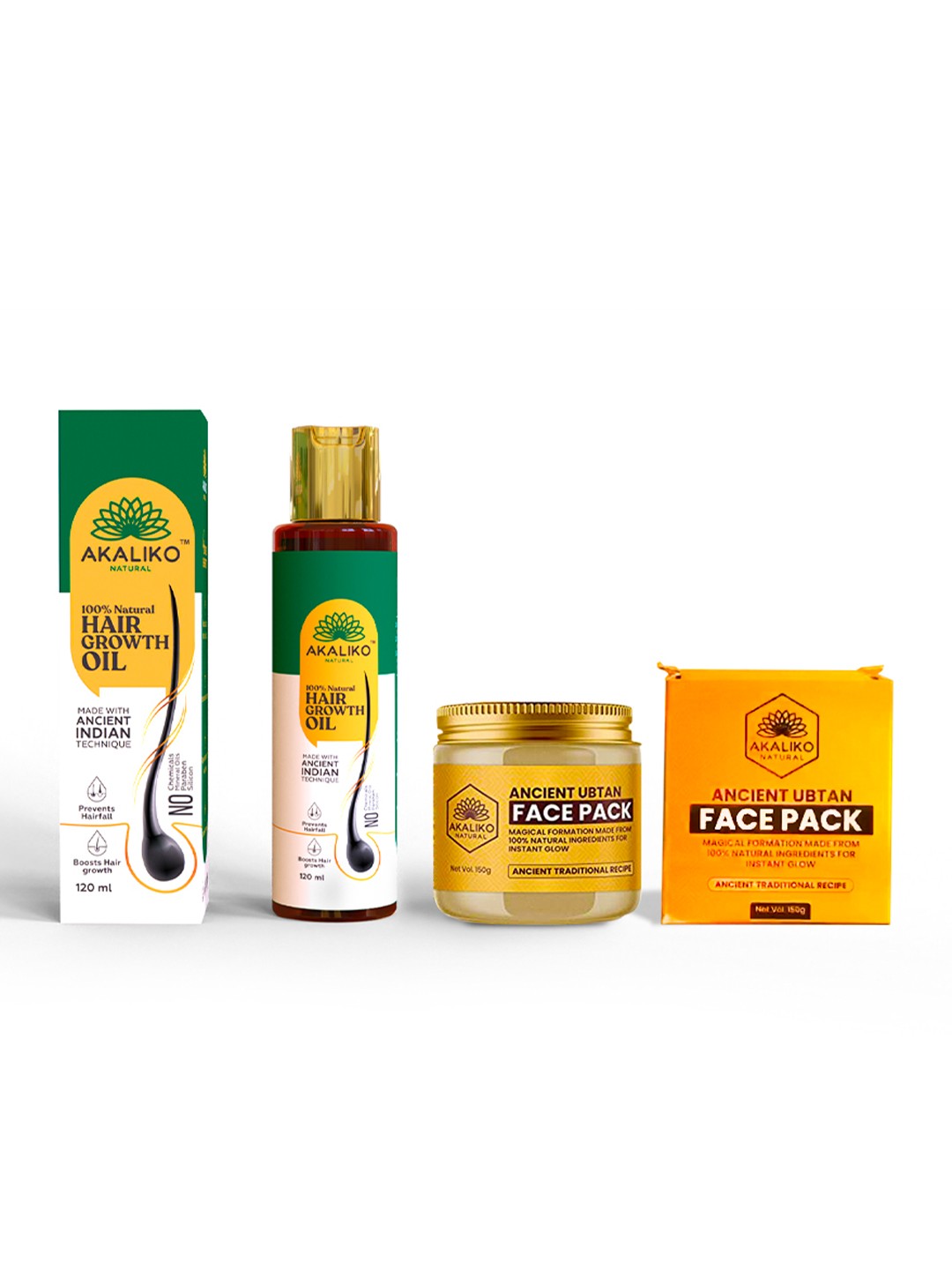 

Akaliko Natural Pack Of 2 100% Natural Hair Regrowth Oil & Ancient Ubtan Face Pack 270ml, Green