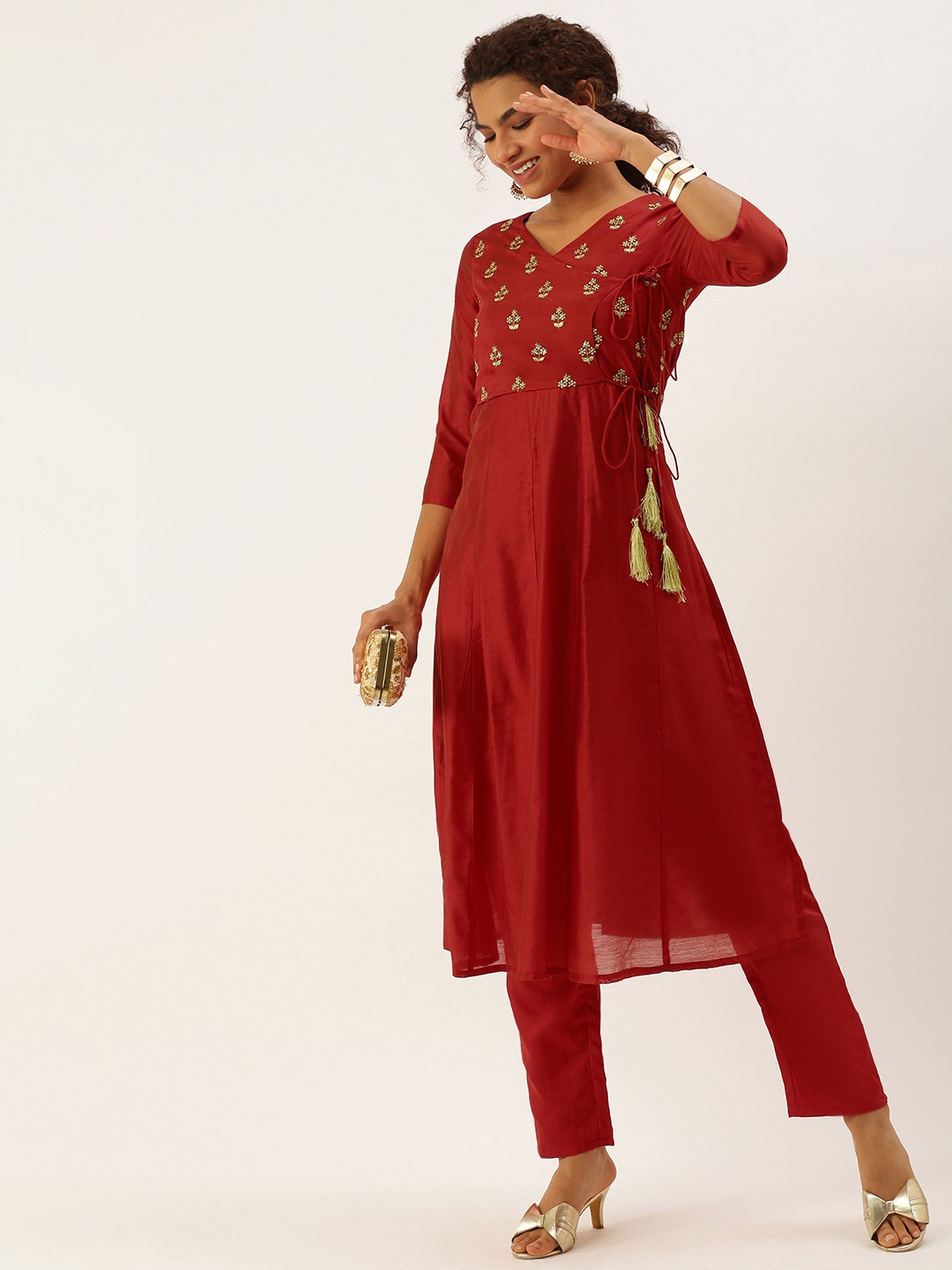 

SWAGG INDIA Women Red Ethnic Motifs Embroidered Angrakha Chanderi Silk Kurta with Trousers