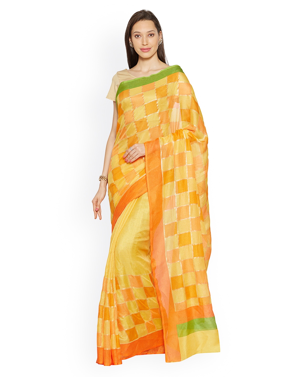 

Kvsfab Yellow Silk Cotton Checked Bhagalpuri Saree