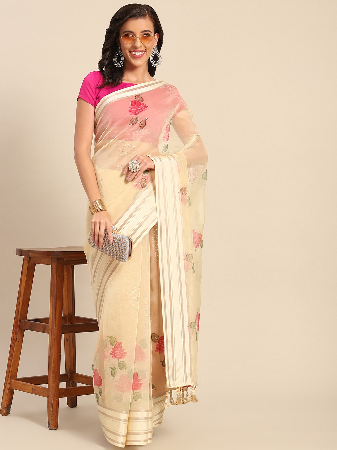 

SHANGRILA Beige & Pink Floral Organza Saree