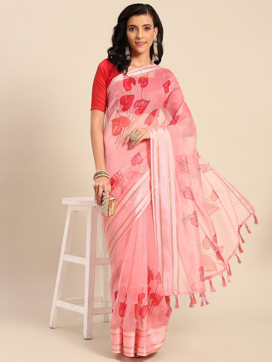 

SHANGRILA Pink & Red Floral Print Organza Saree