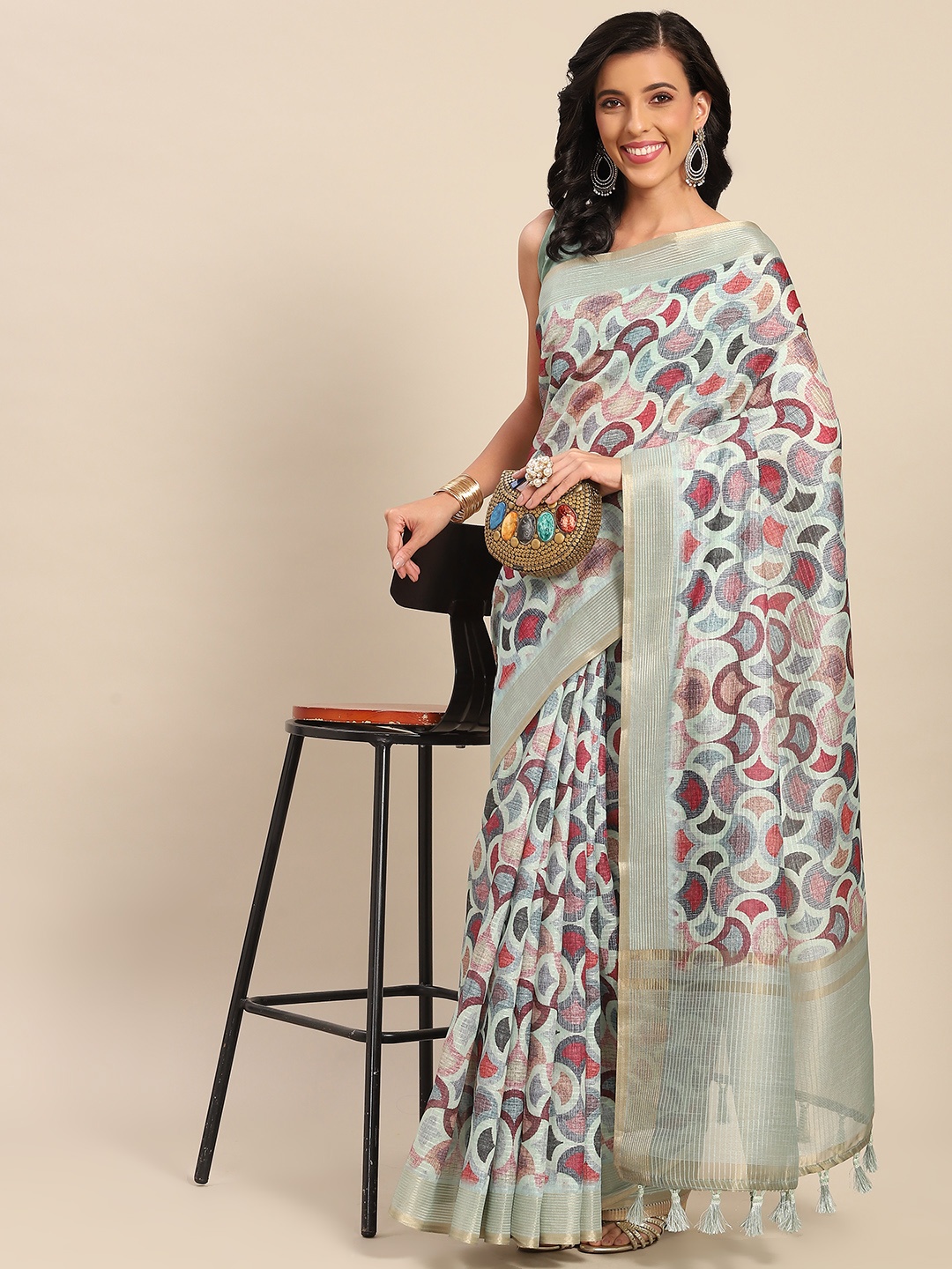 

SHANGRILA Teal & Multicoloured Geometric Print Art Silk Saree