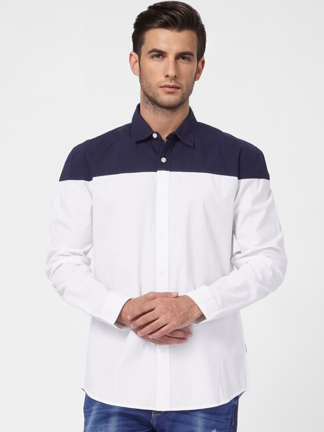

Jack & Jones Men White & Navy Blue Cotton Casual Shirt