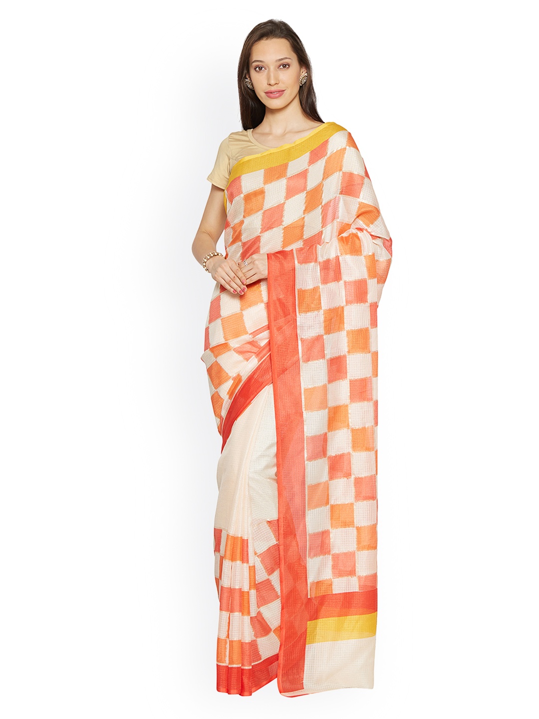 

Kvsfab Peach-Coloured & White Silk Cotton Checked Bhagalpuri Saree