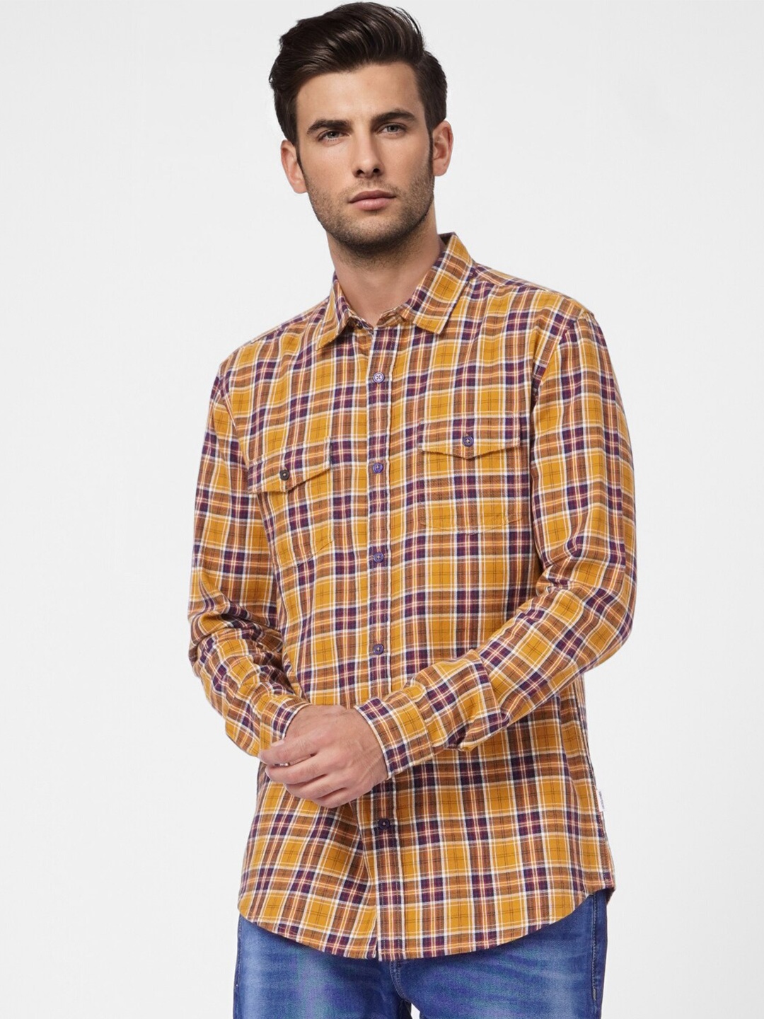 

Jack & Jones Men Tartan Checked Cotton Casual Shirt, Mustard