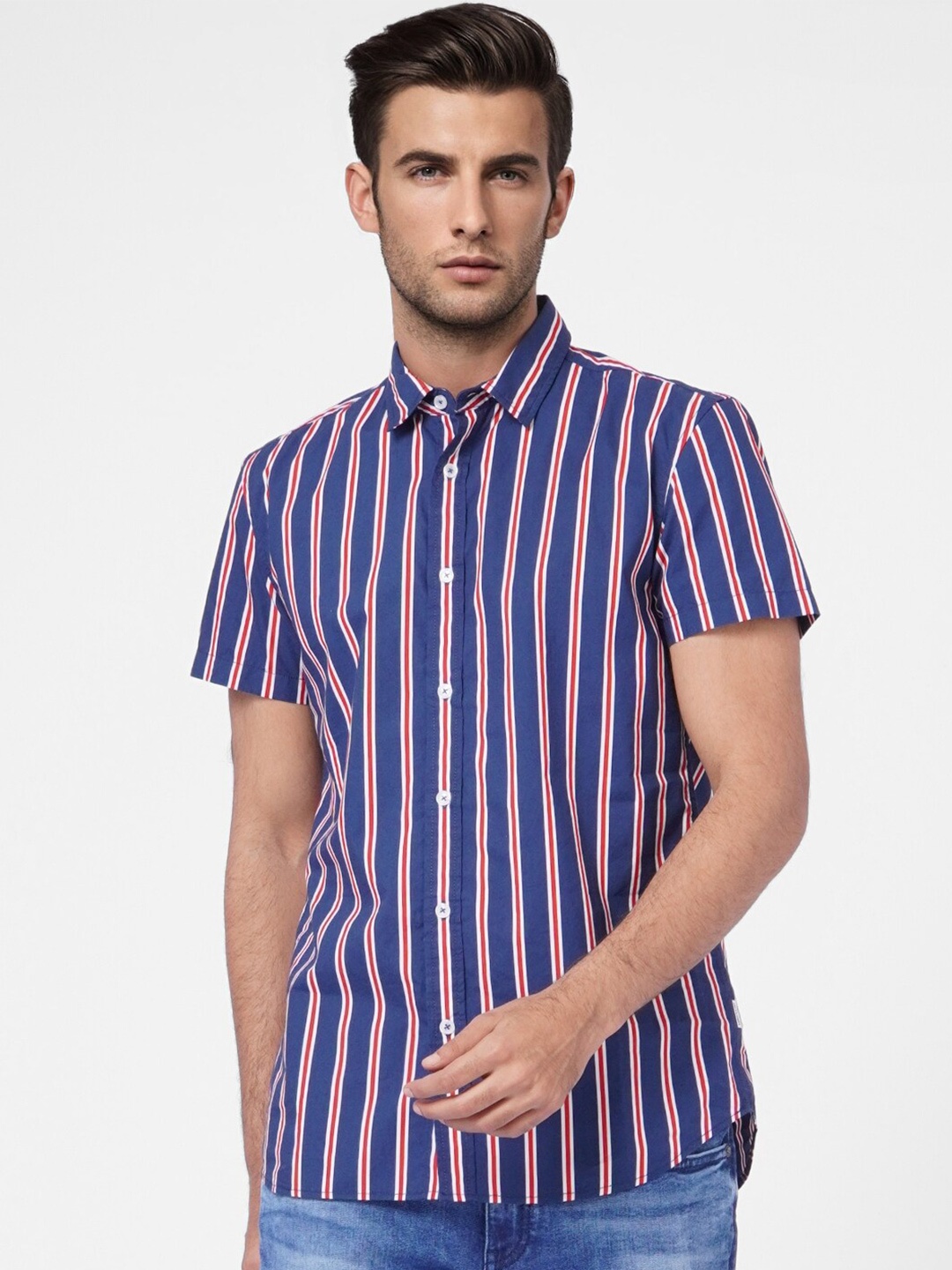 

Jack & Jones Men Blue & Red Striped Cotton Casual Shirt