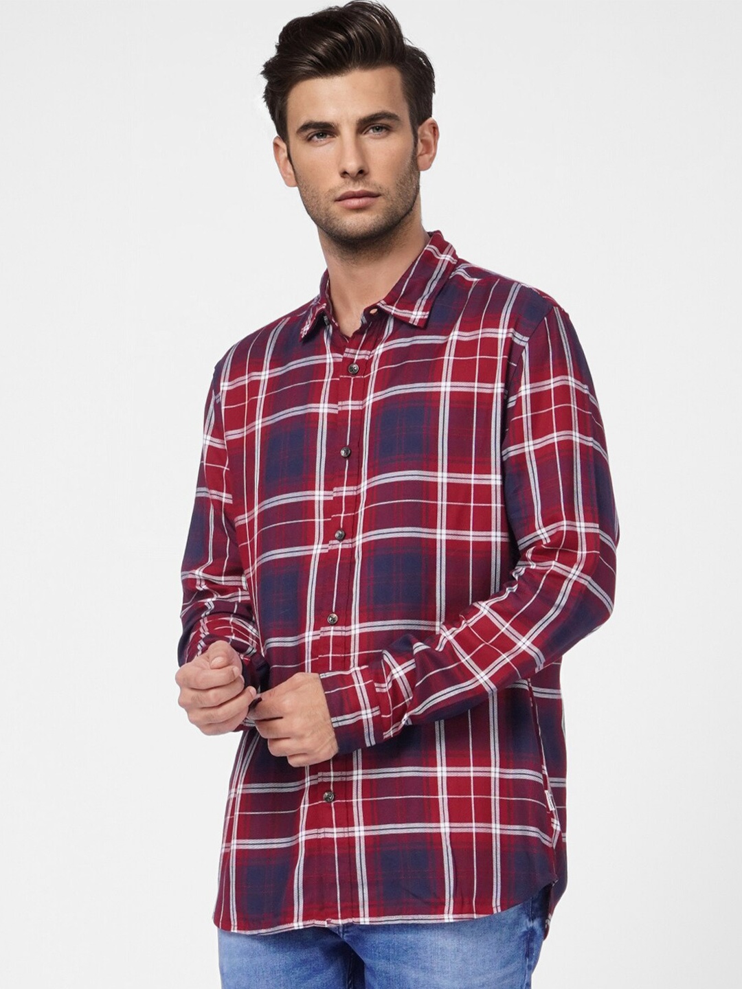 

Jack & Jones Men Maroon & Navy Blue Tartan Checked Cotton Casual Shirt