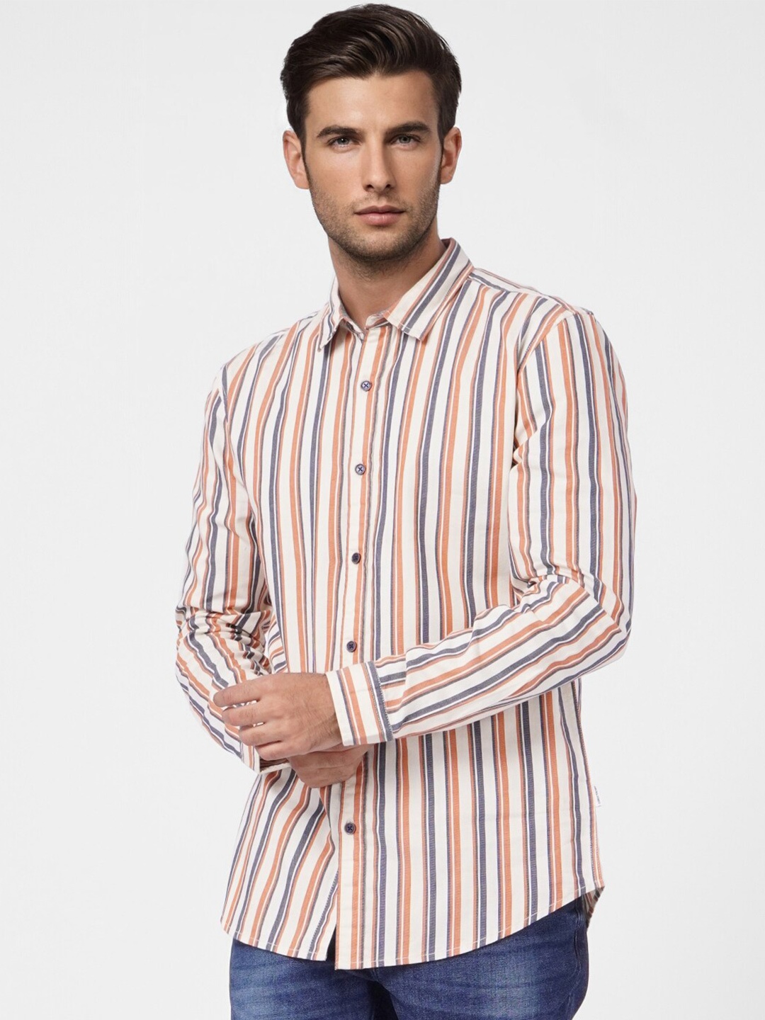

Jack & Jones Men Off White Striped Cotton Casual Shirt