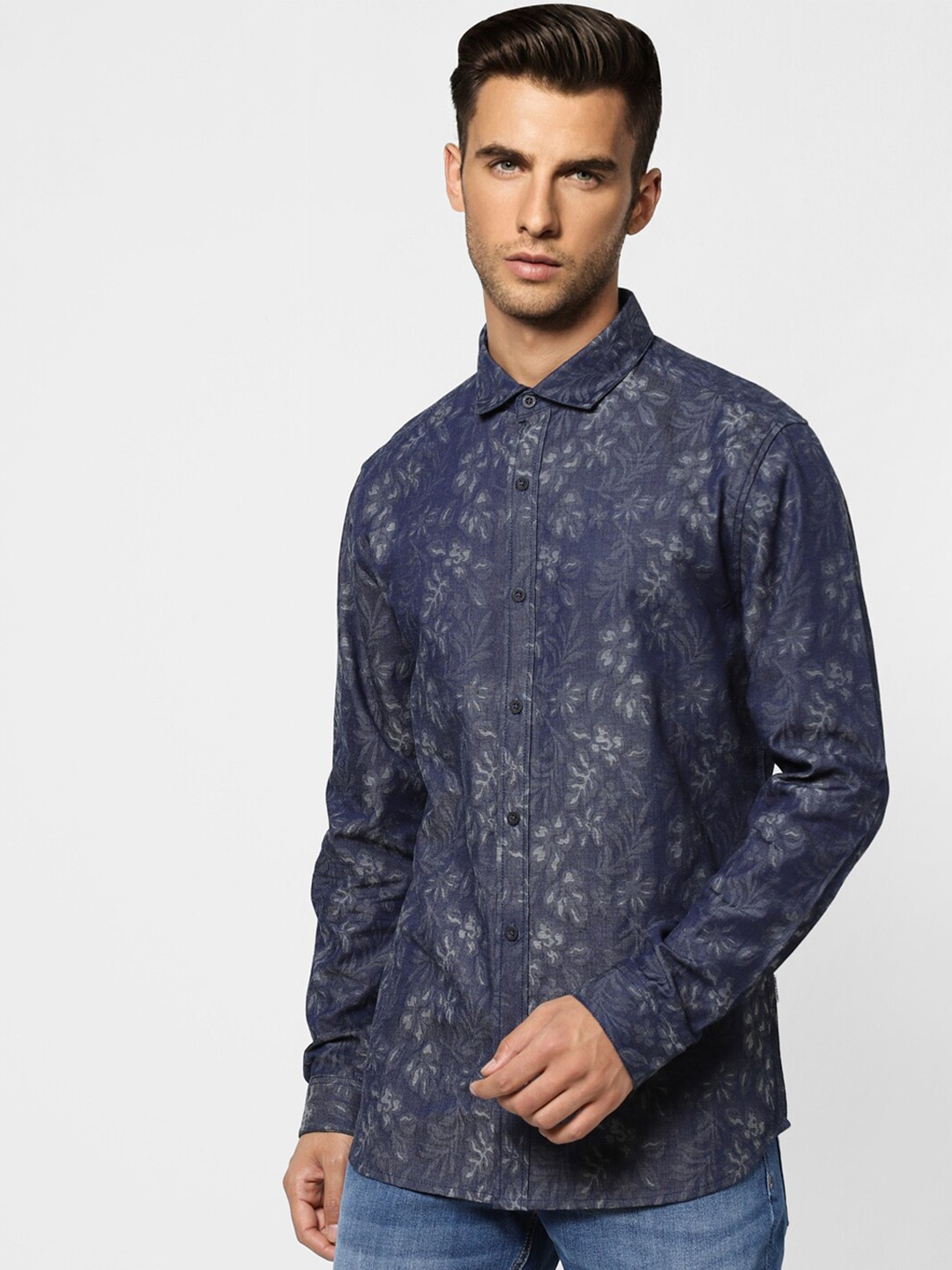 

Jack & Jones Men Floral Printed Denim Cotton Casual Shirt, Blue