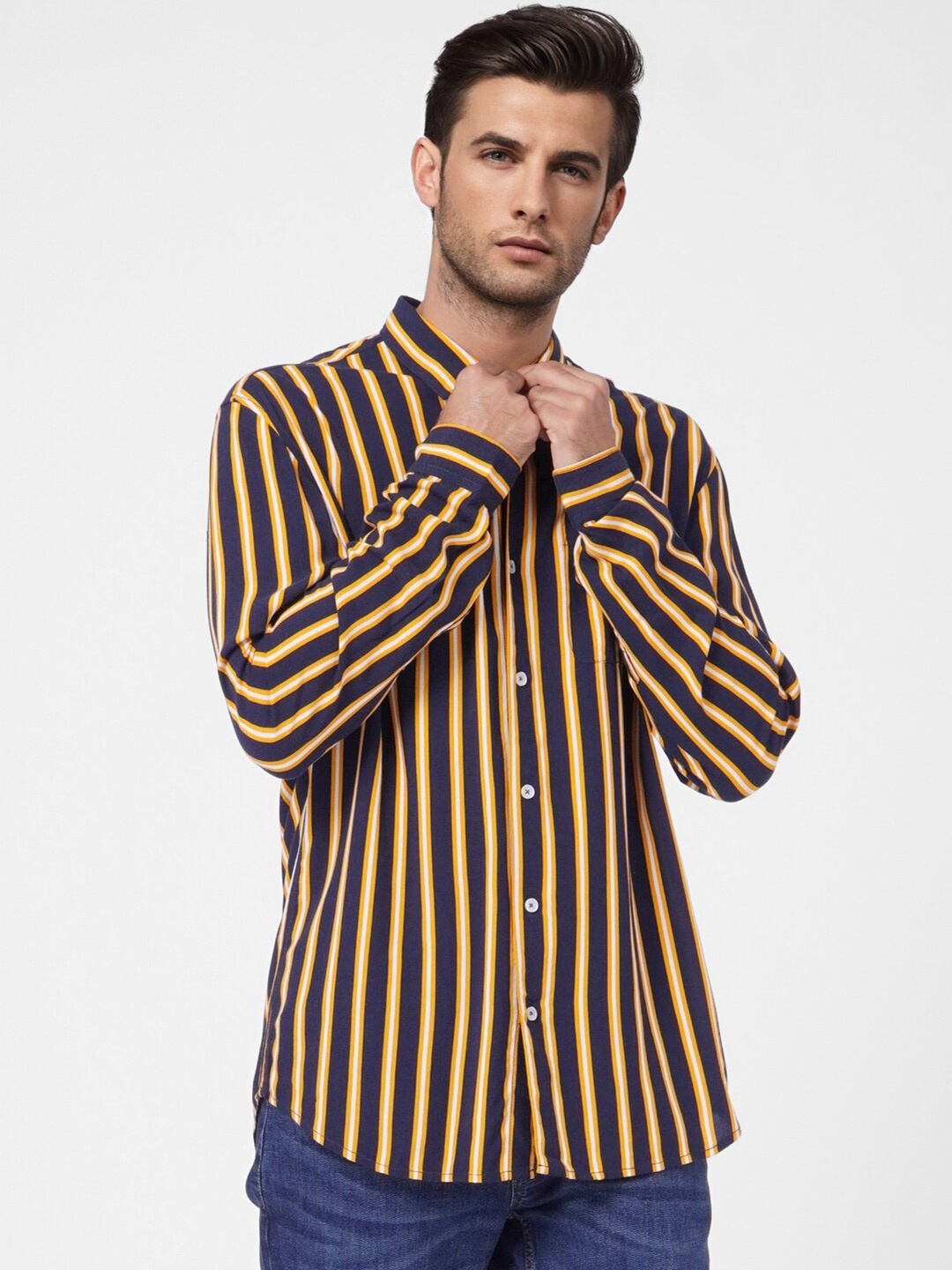 

Jack & Jones Men Yellow & Black Striped Cotton Casual Shirt