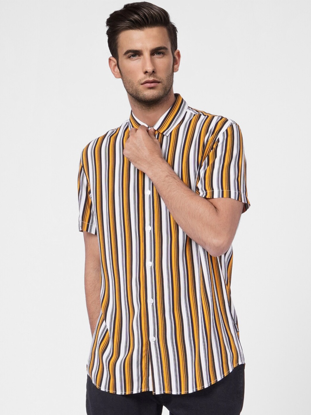 

Jack & Jones Men Yellow & White Striped Casual Shirt