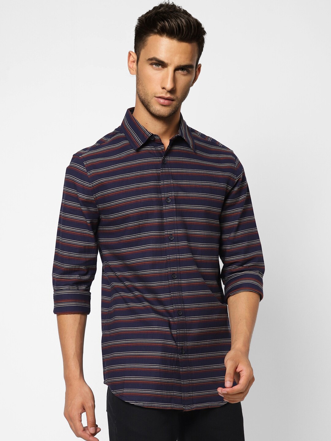 

Jack & Jones Men Navy Blue Horizontal Stripes Striped Casual Shirt