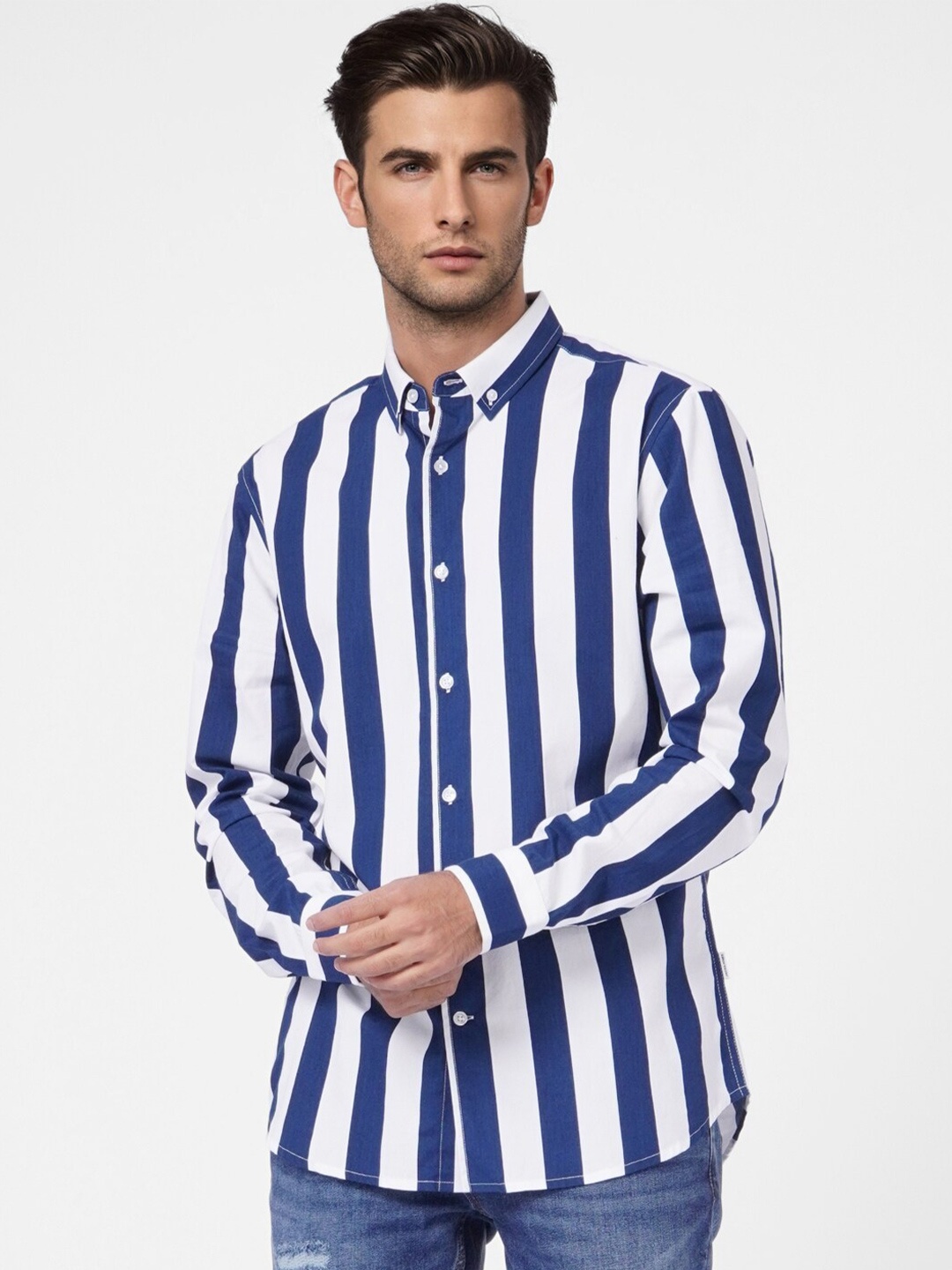 

Jack & Jones Men White & Blue Striped Cotton Casual Shirt