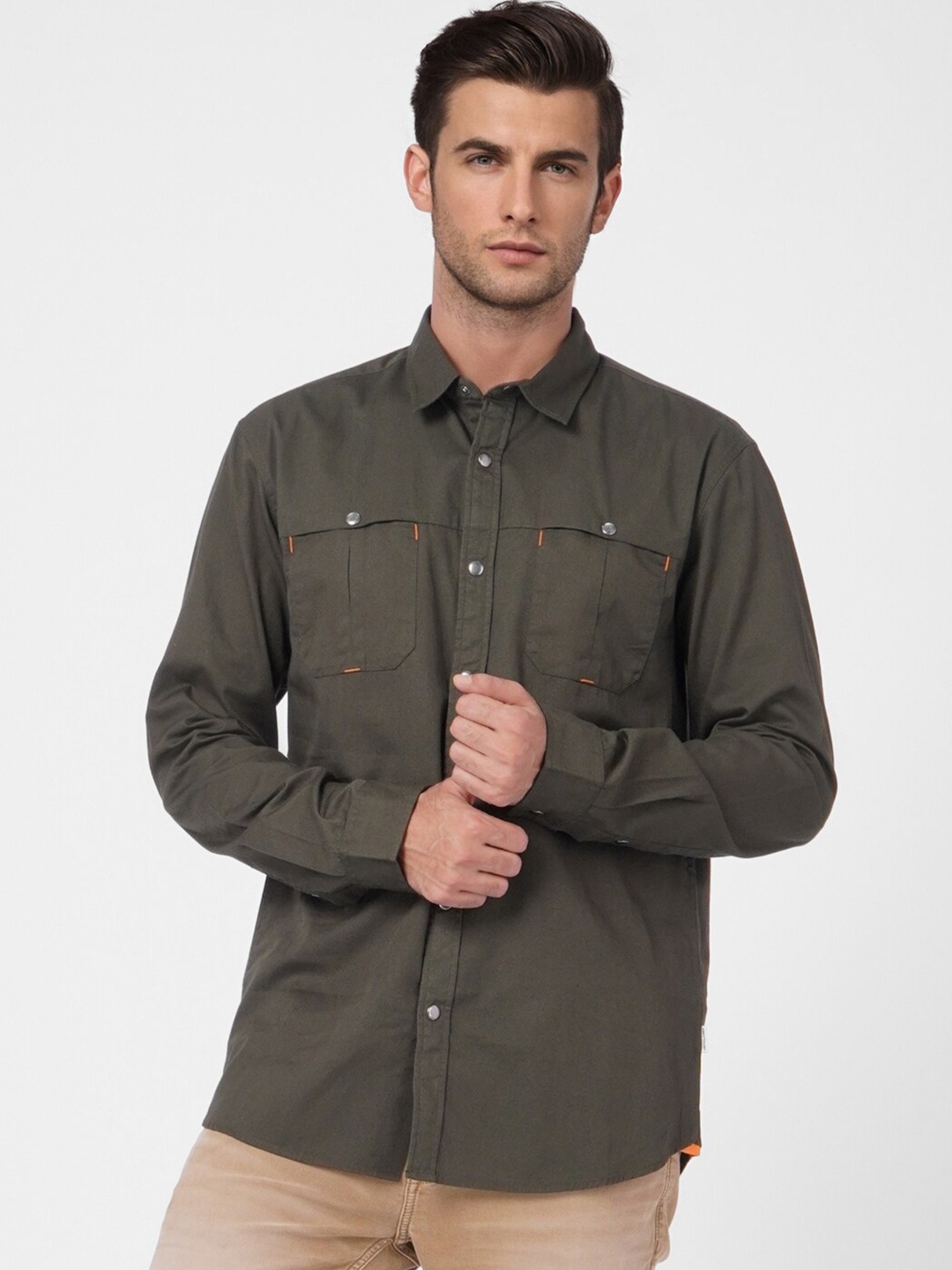 

Jack & Jones Men Olive Green Cotton Casual Shirt