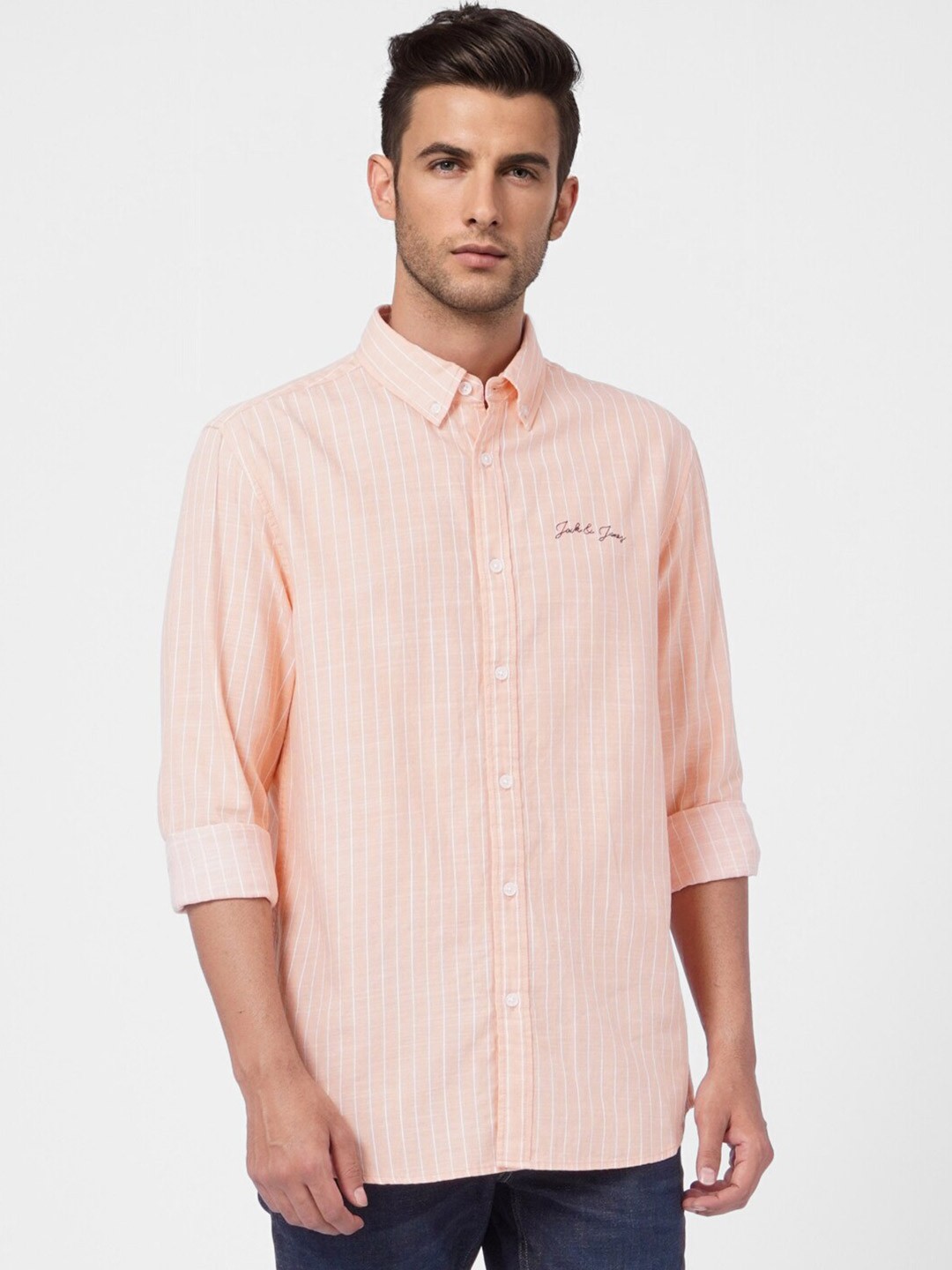 

Jack & Jones Men Striped Cotton Casual Shirt, Peach