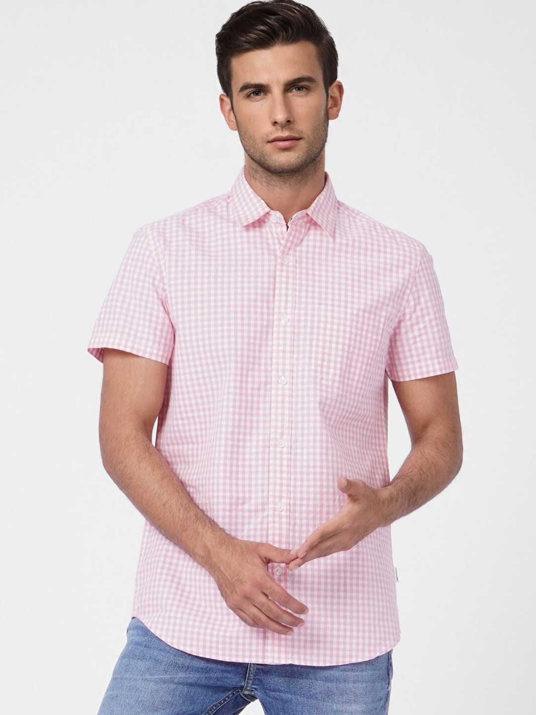 

Jack & Jones Men Grid Tattersall Checked Cotton Casual Shirt, Pink