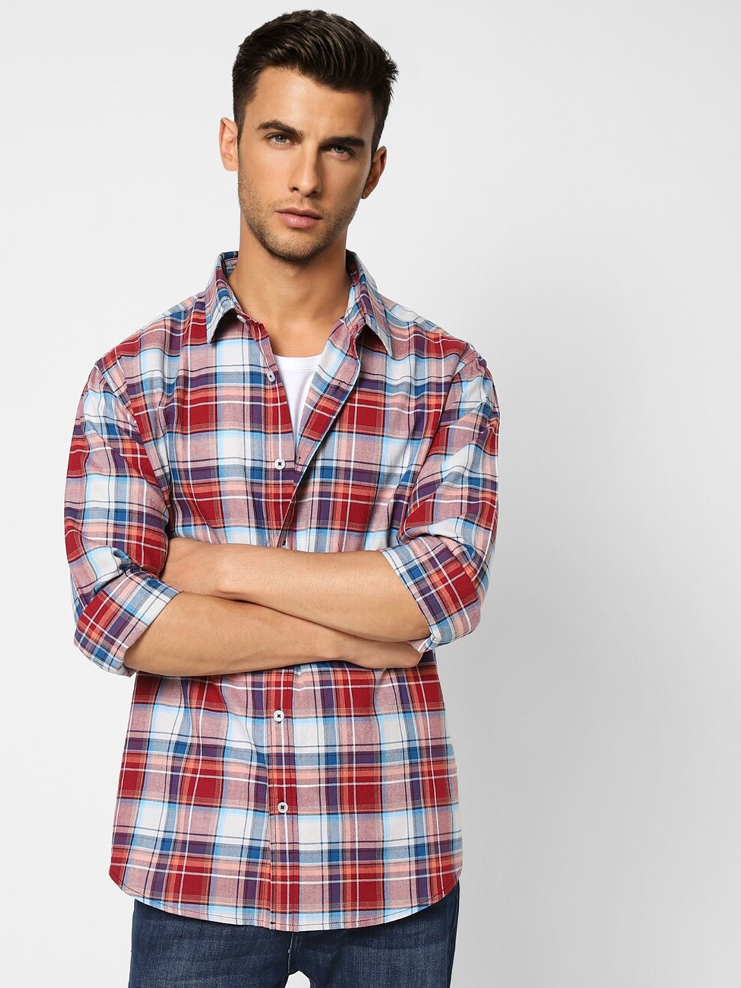 

Jack & Jones Men Red Tartan Checked Cotton Casual Shirt